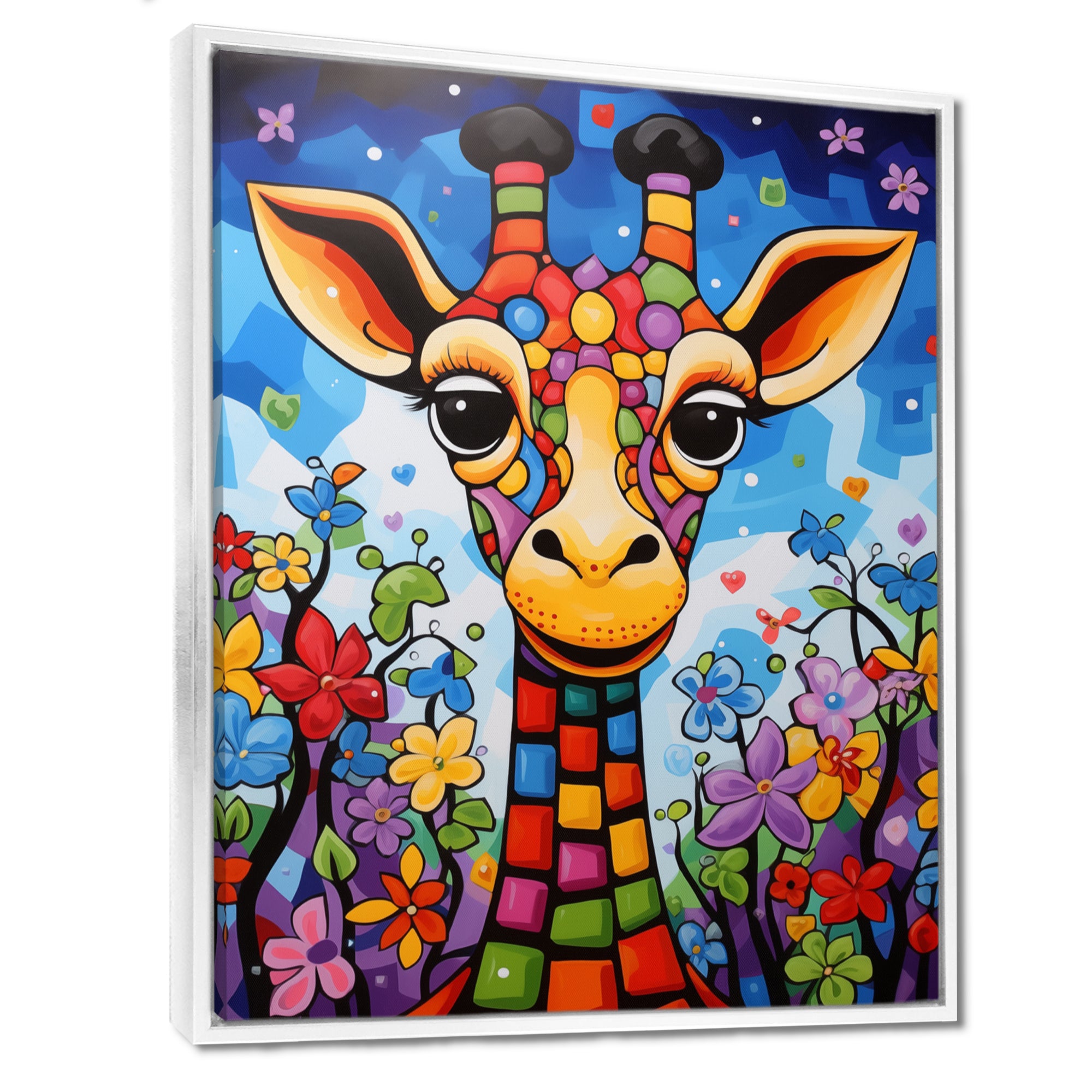 Colorful cute Giraffe in jungle landscape - Giraffe Framed Canvas Art