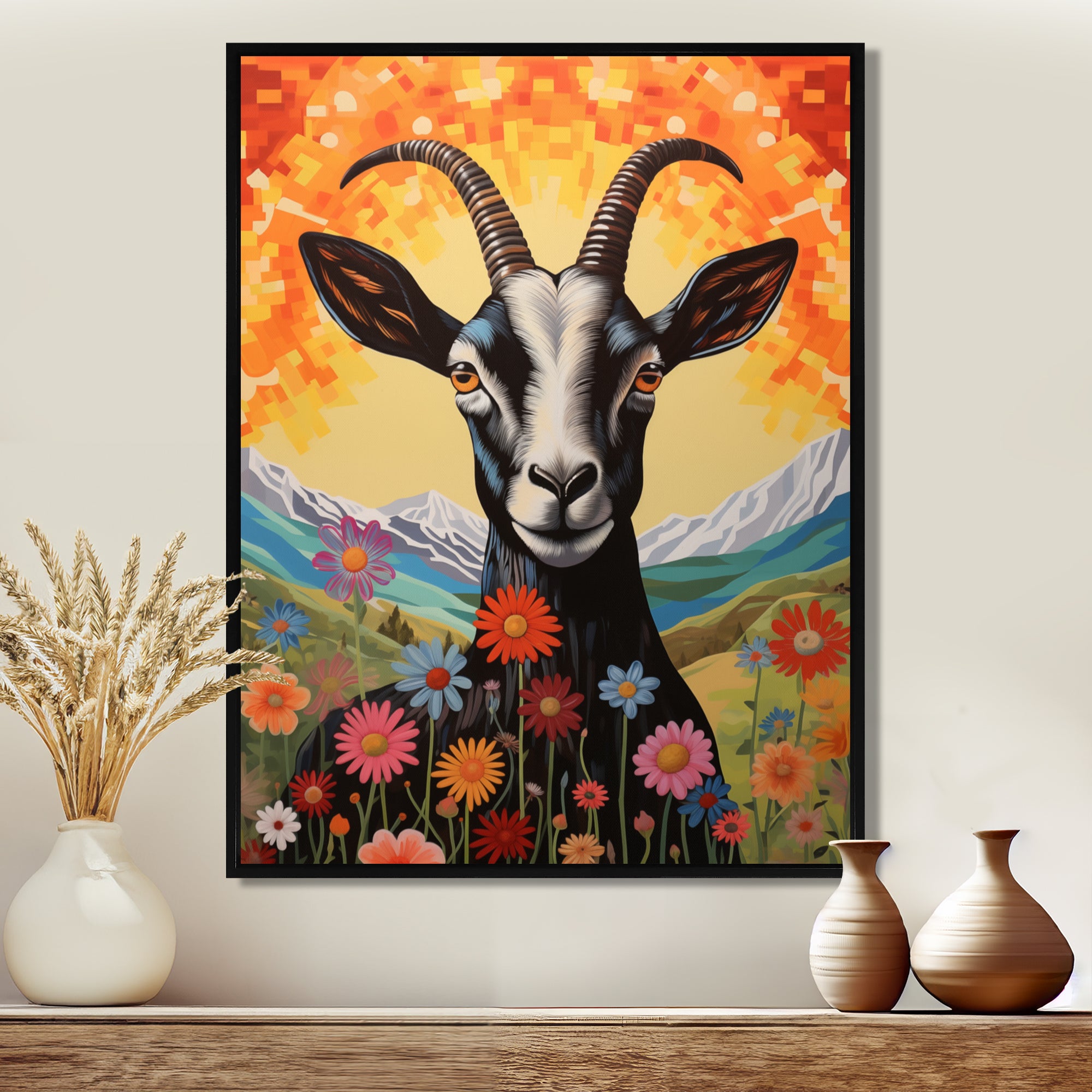 Mountain Goat in colorful meadows - Goat Large Canvas Wall Art
