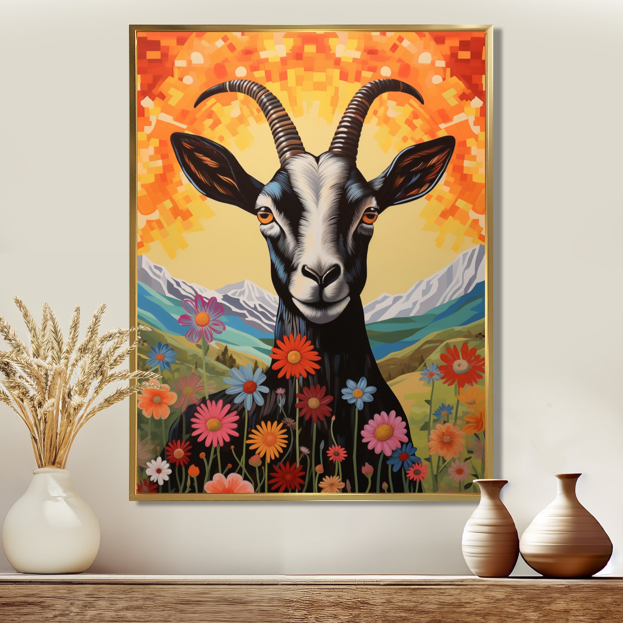 Mountain Goat in colorful meadows - Goat Large Canvas Wall Art
