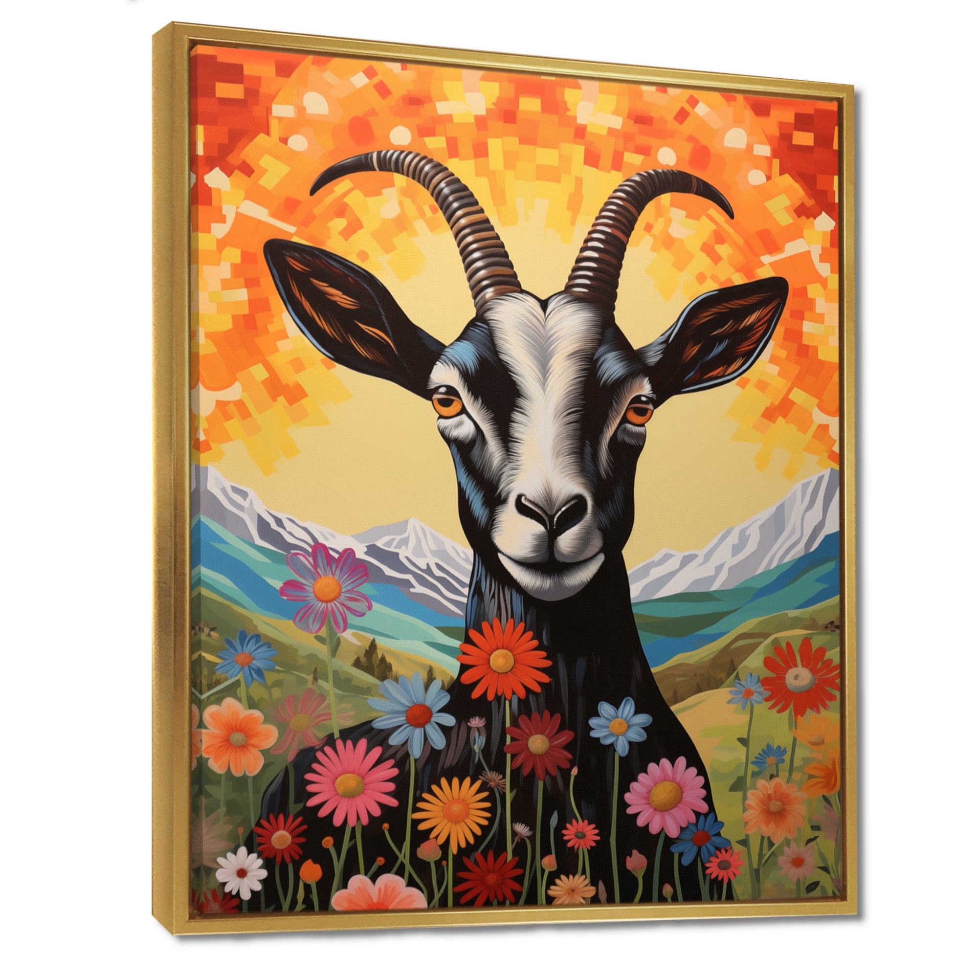 Mountain Goat in colorful meadows - Goat Large Canvas Wall Art