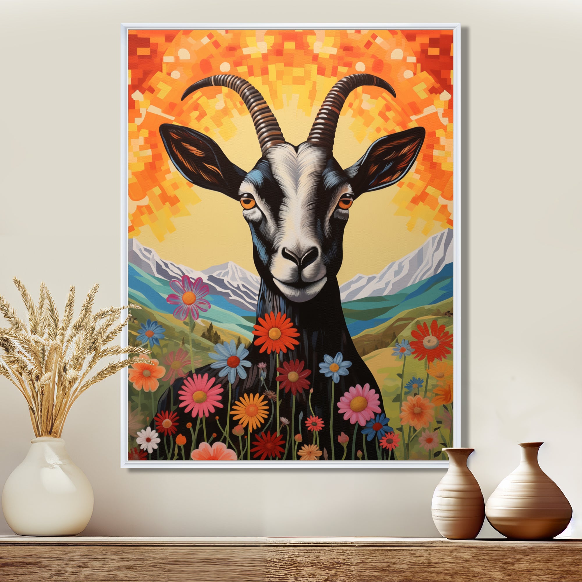 Mountain Goat in colorful meadows - Goat Large Canvas Wall Art