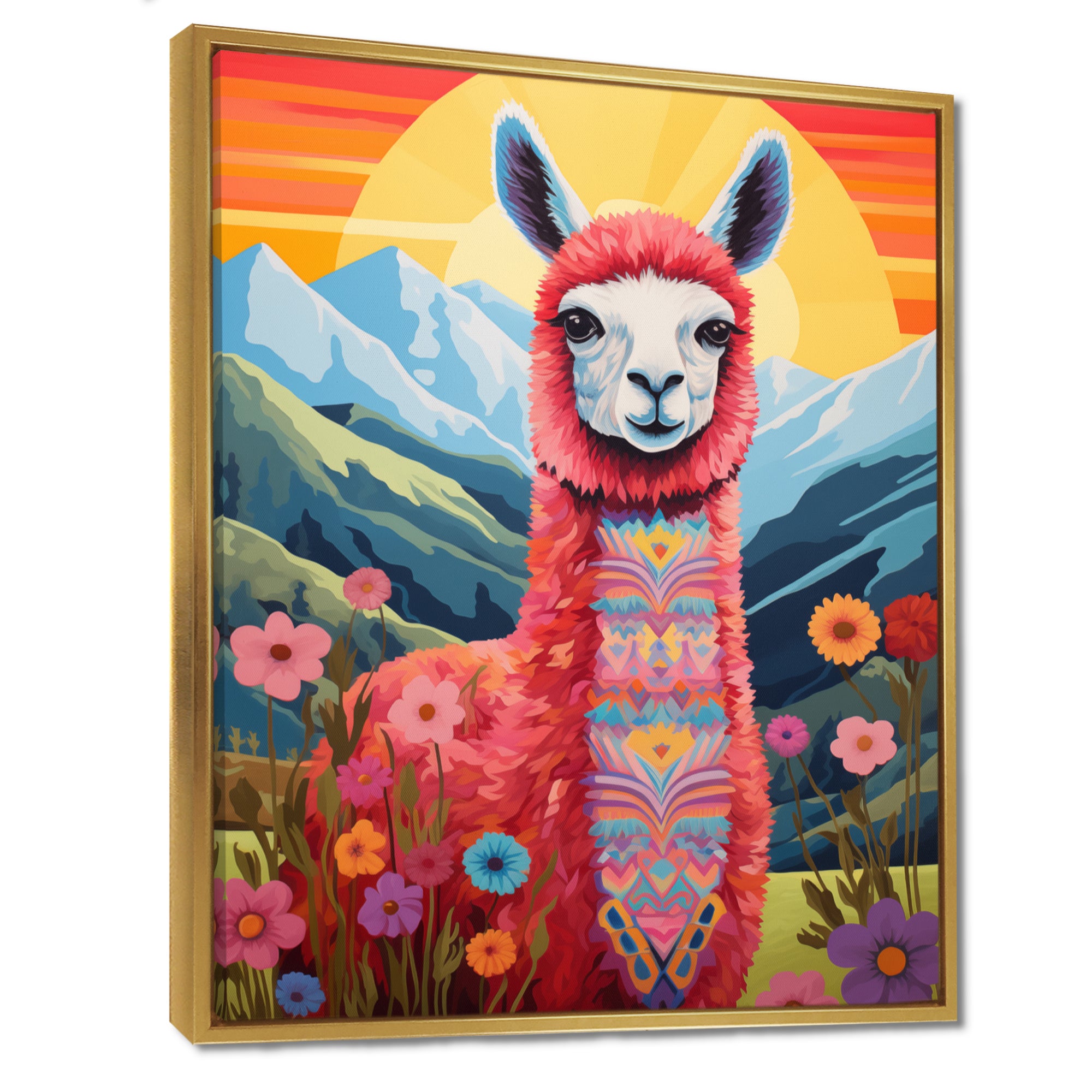 Pink Alpaca in Chile mountain blooms landscape - Llama Wall Decor