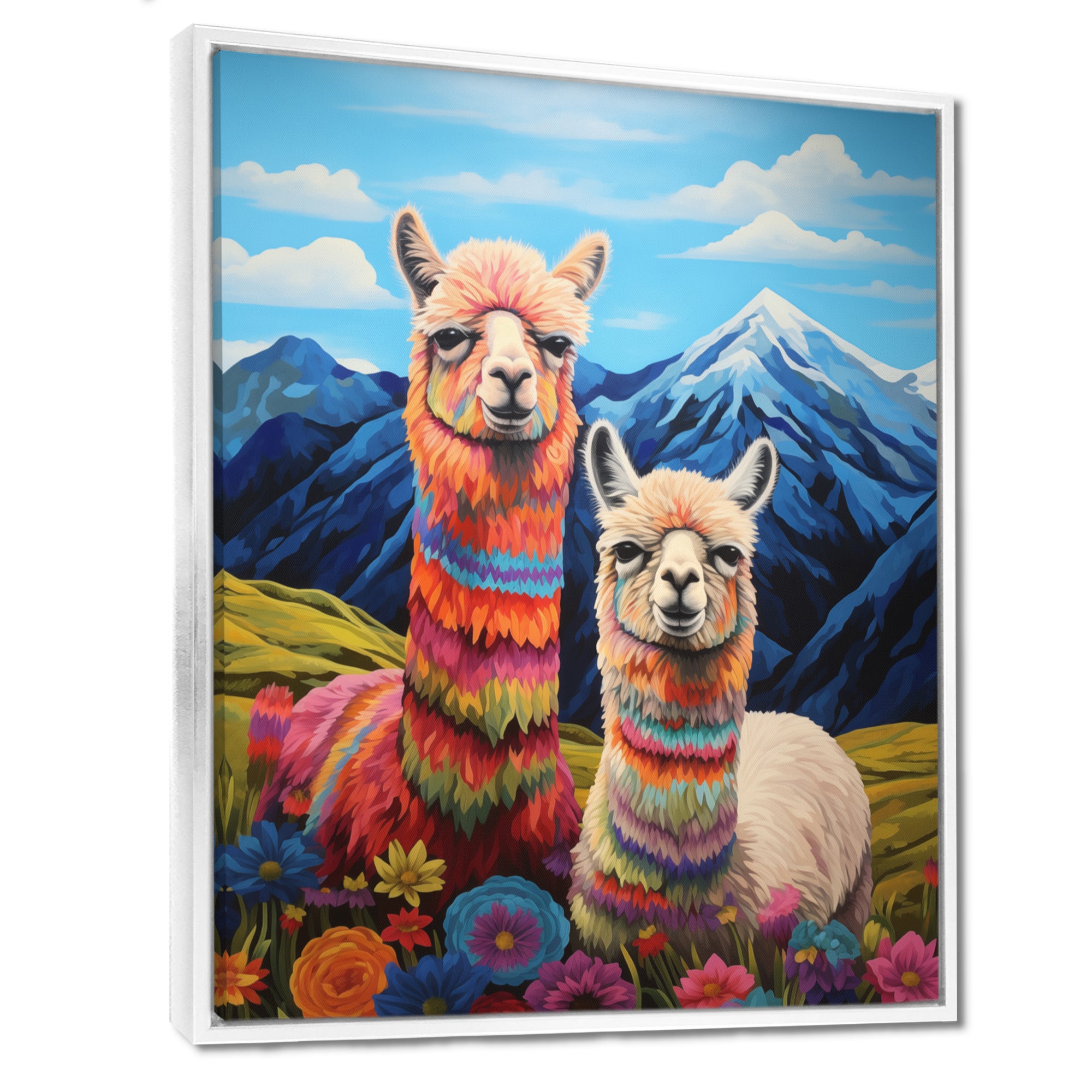 Colorful Alpacas in Chile mountain flower landscape - Llama Wall Art Prints