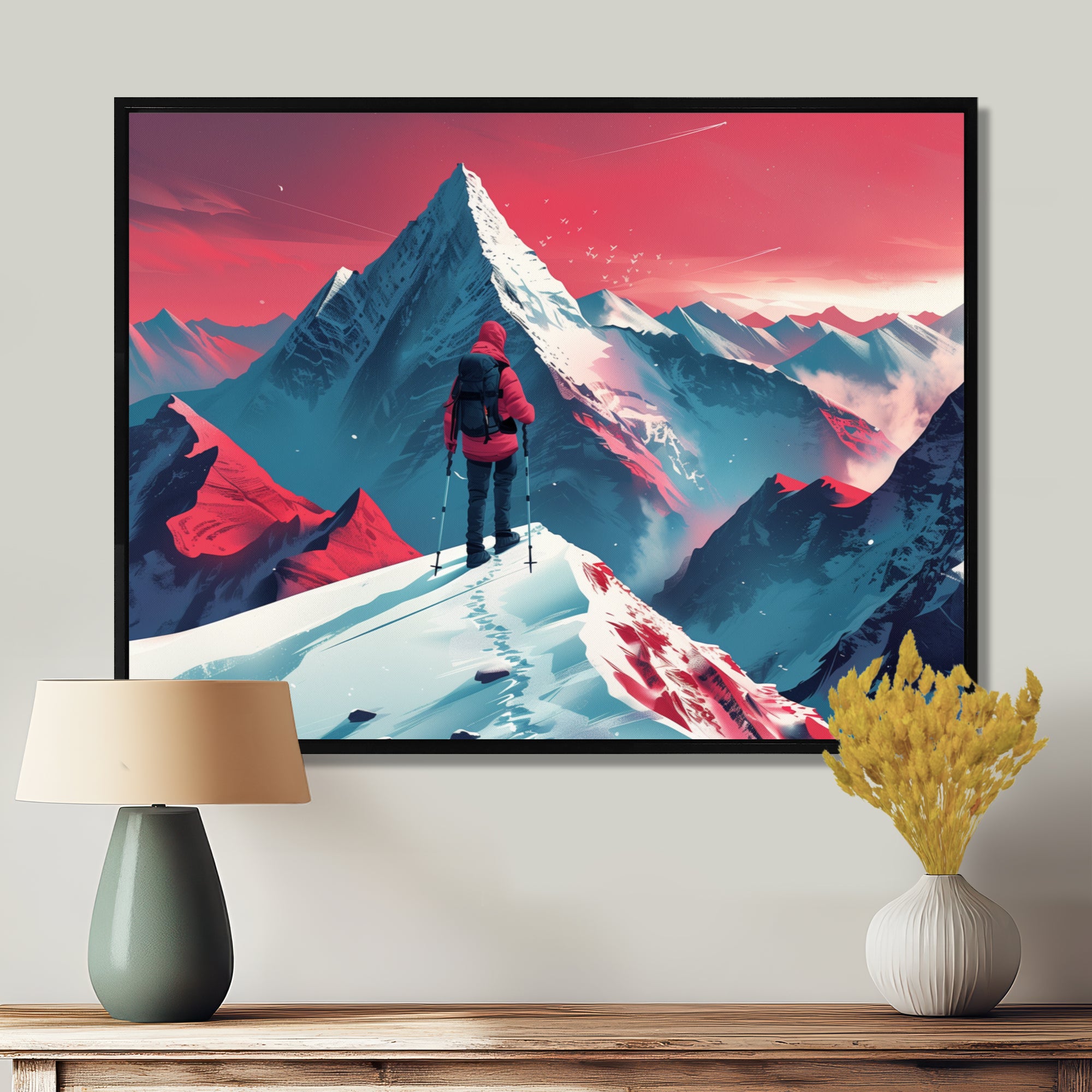 Red Blue Winter Mountain Views Hiking I - Hiking Canvas Wall Art