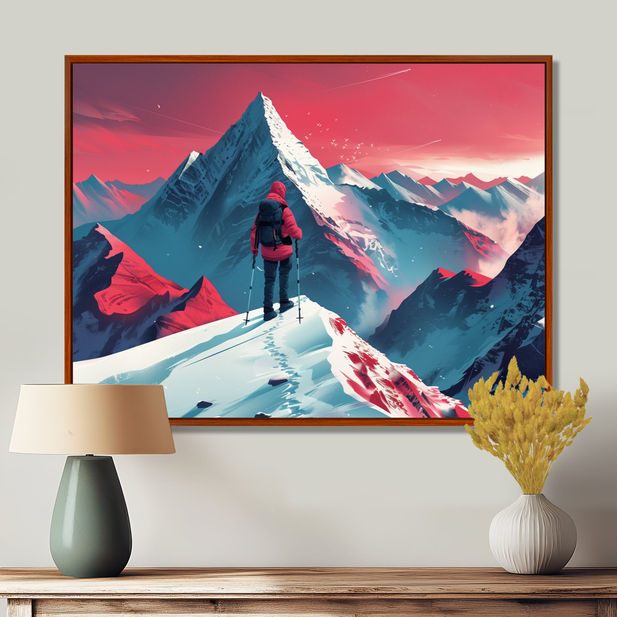 Red Blue Winter Mountain Views Hiking I - Hiking Canvas Wall Art
