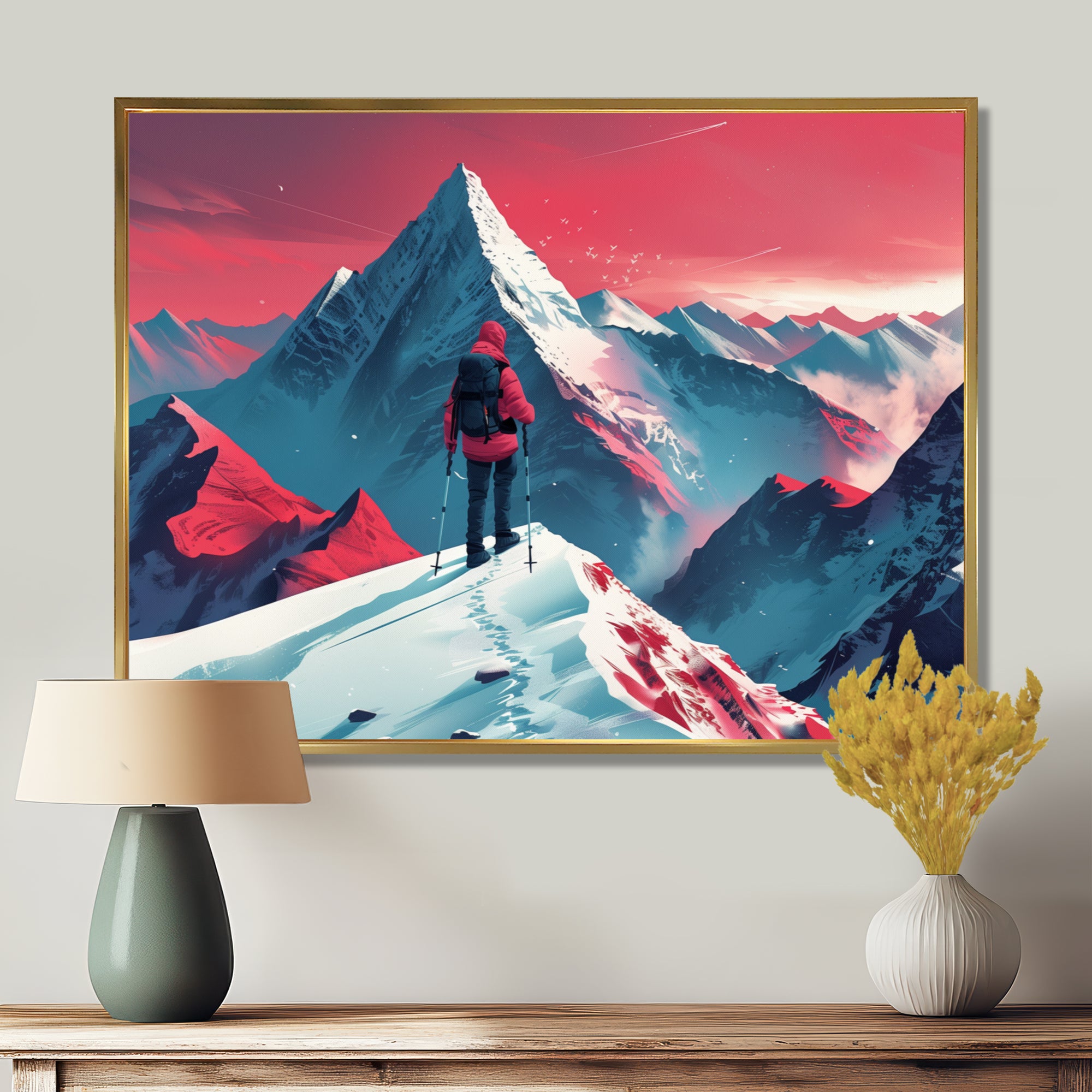 Red Blue Winter Mountain Views Hiking I - Hiking Canvas Wall Art