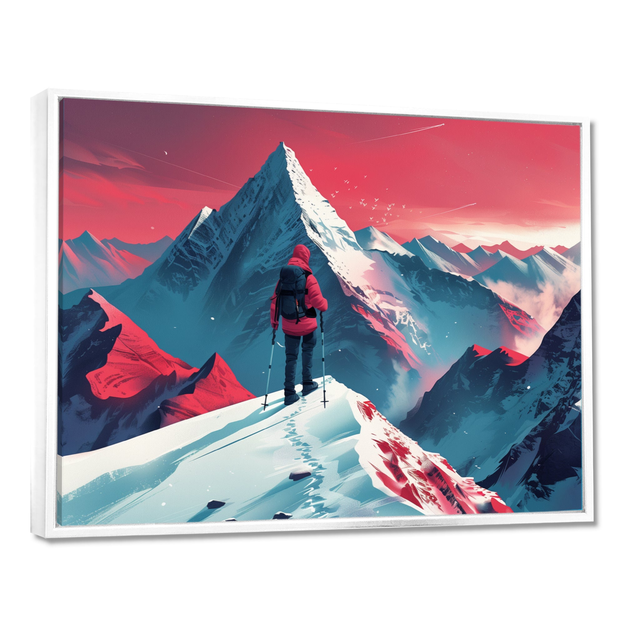 Red Blue Winter Mountain Views Hiking I - Hiking Canvas Wall Art