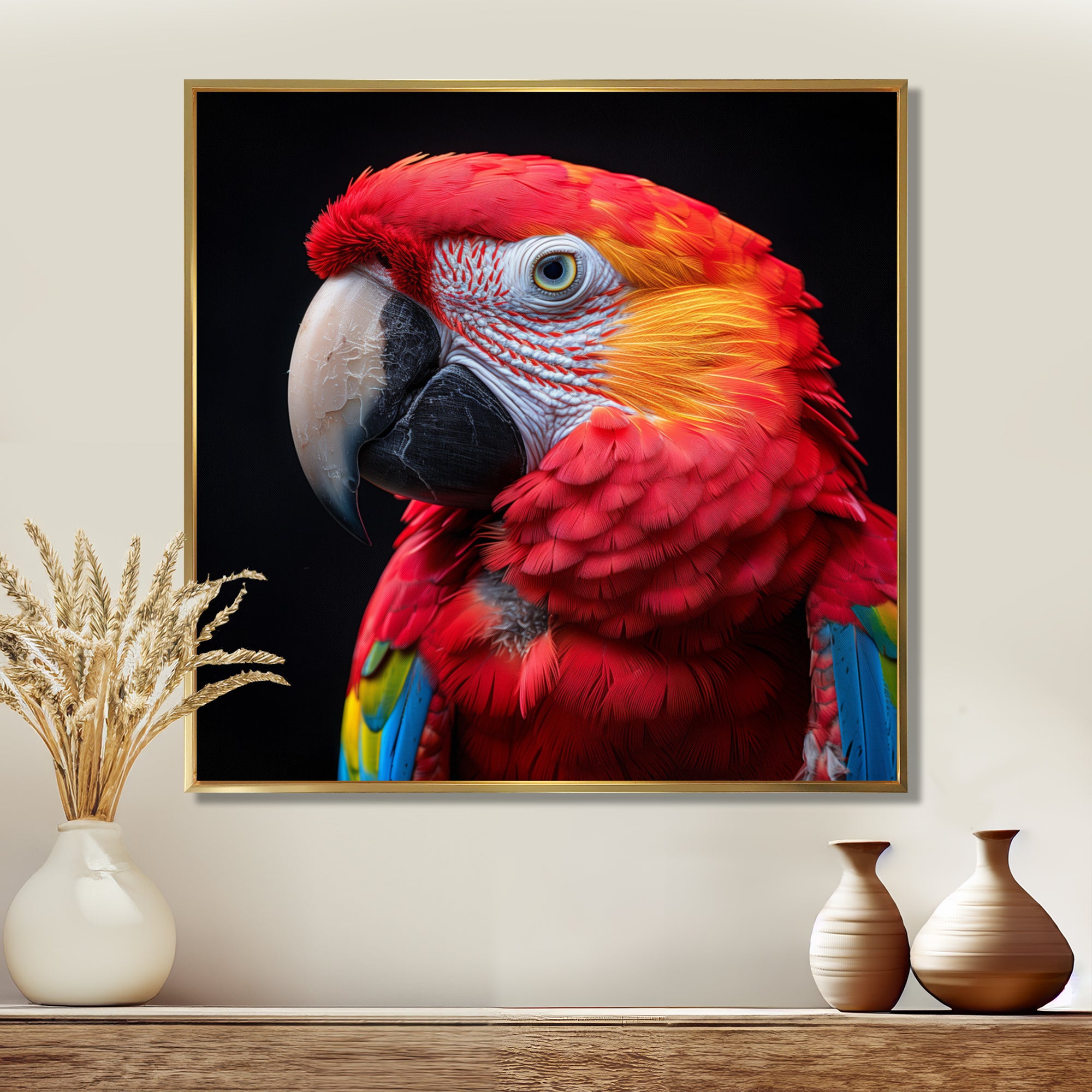 Red and orange parrot portrait on black - Parrot Canvas Wall Art