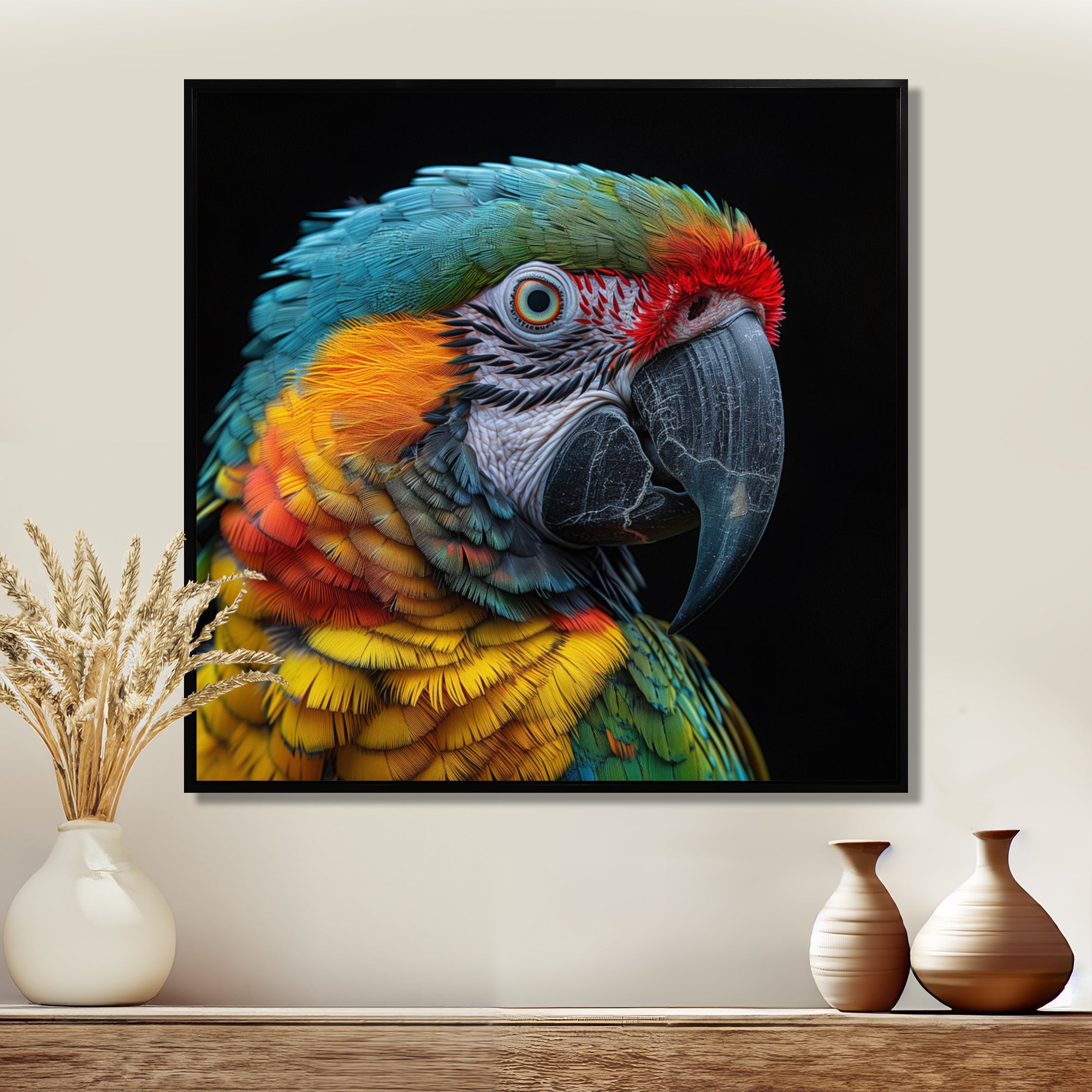 Green and yellow parrot portrait on black - Parrot Wall Decor