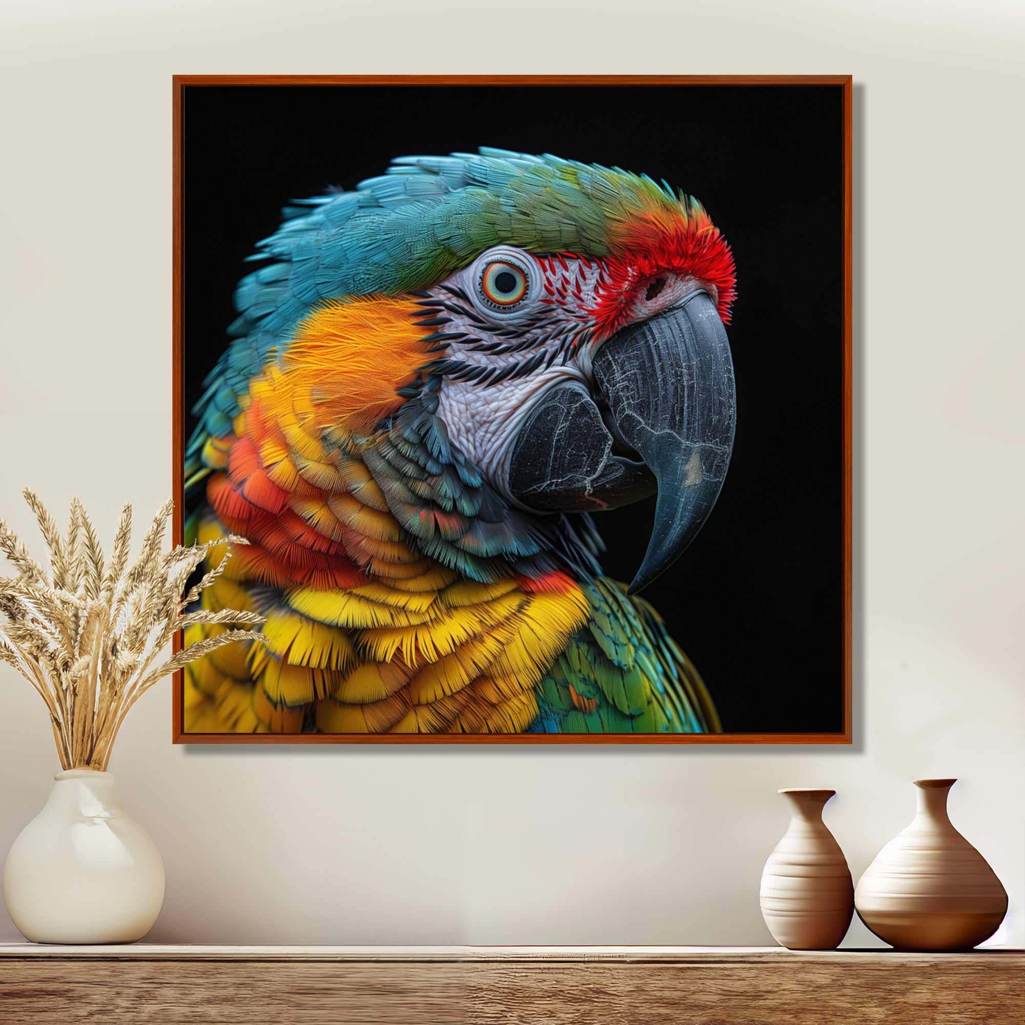 Green and yellow parrot portrait on black - Parrot Wall Decor