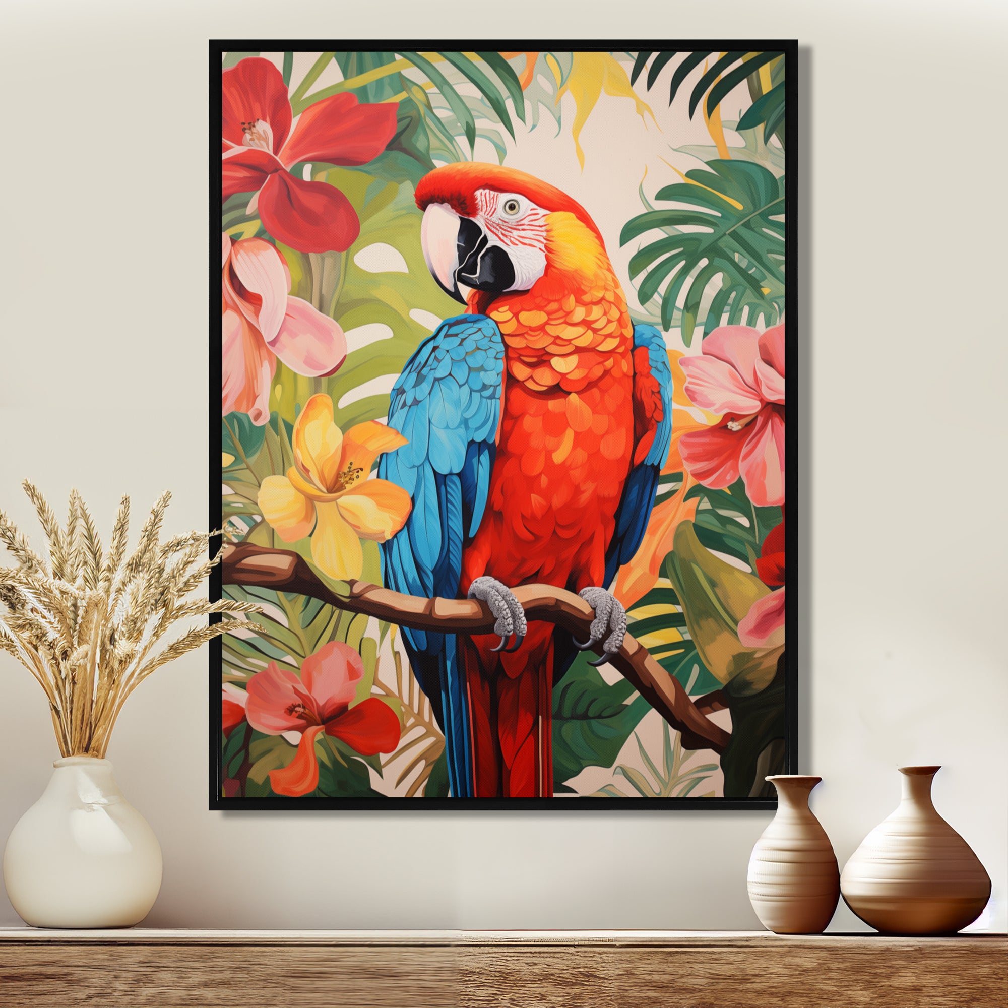 Red blue Parrot in the African jungle - Red Parrot Wall Art