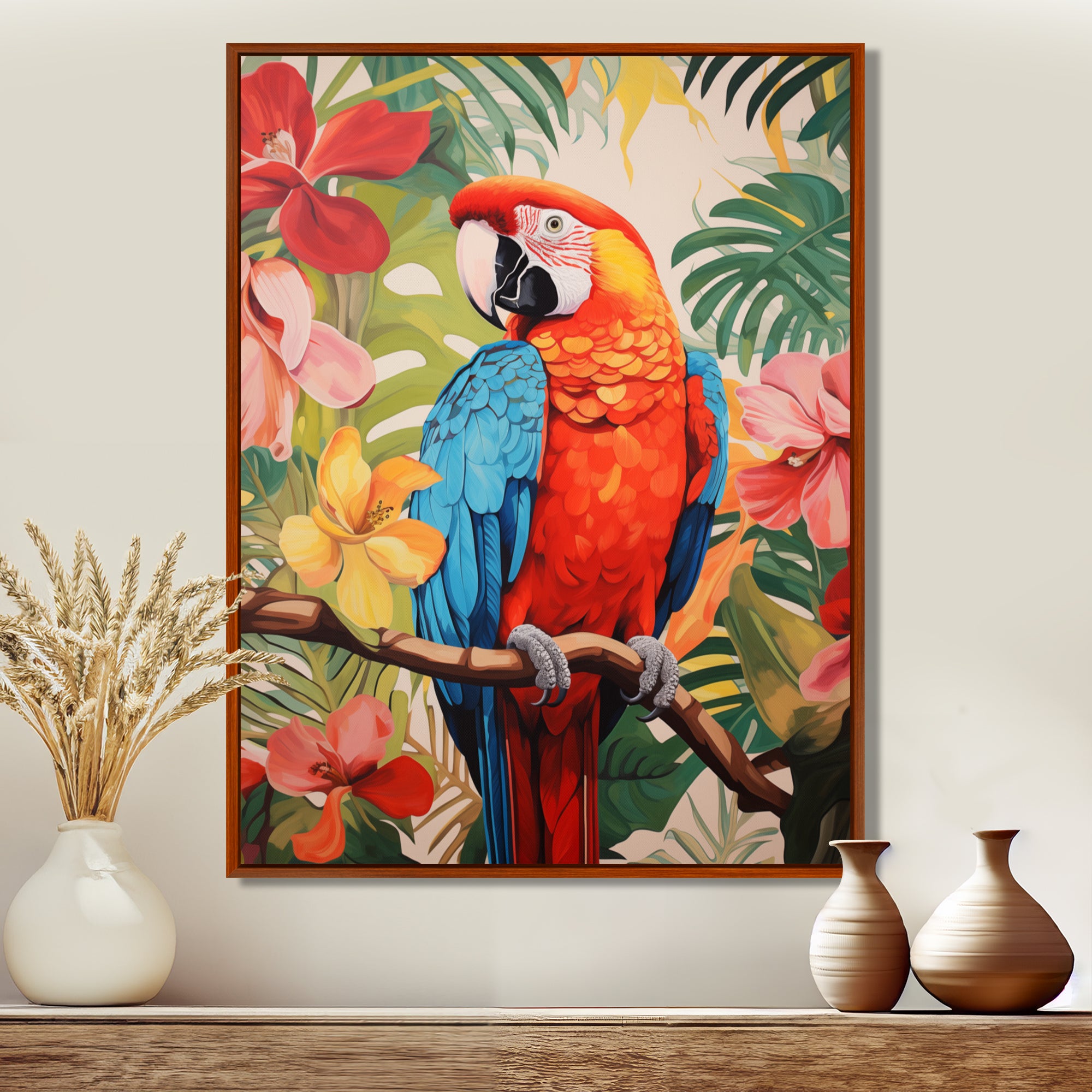 Red blue Parrot in the African jungle - Red Parrot Wall Art