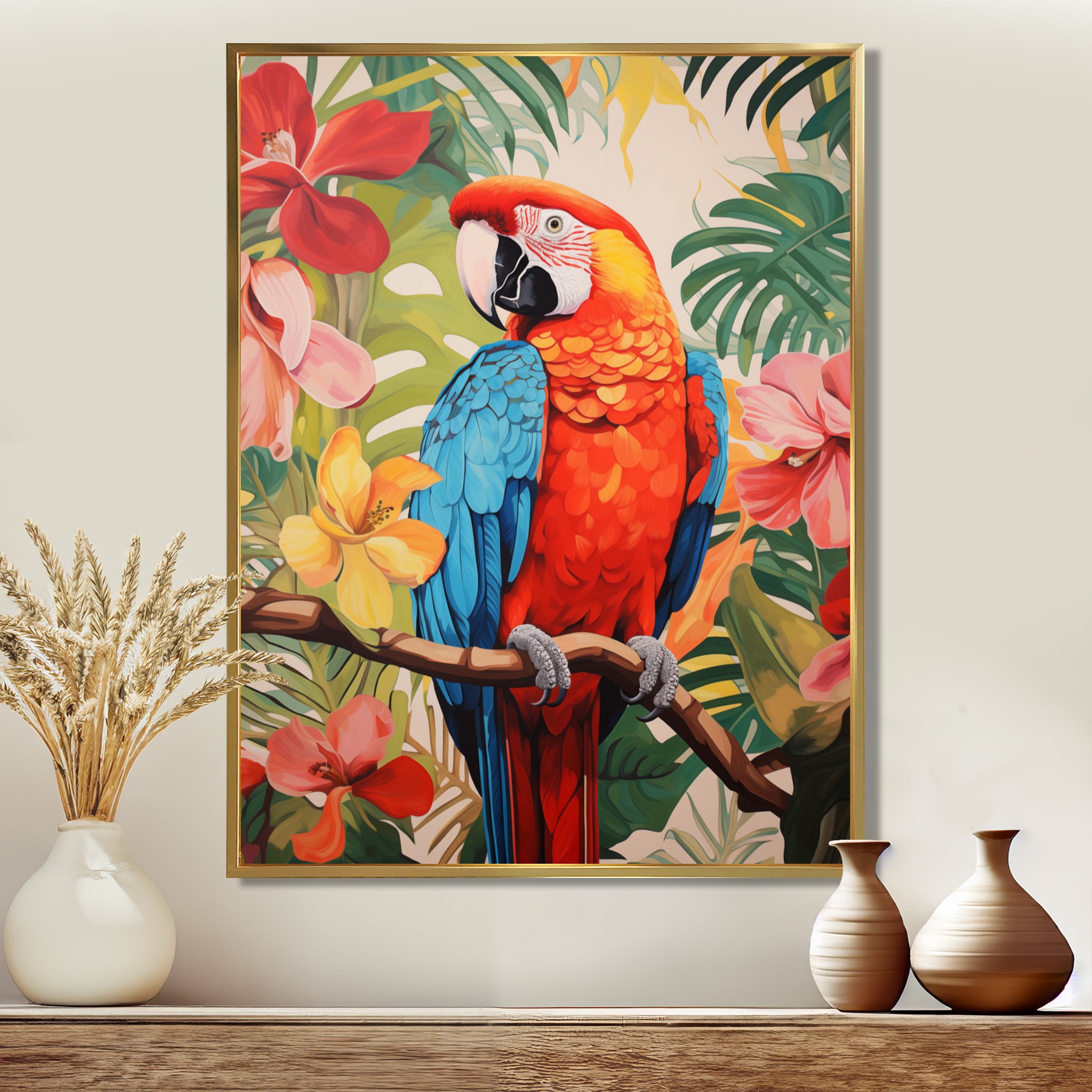 Red blue Parrot in the African jungle - Red Parrot Wall Art