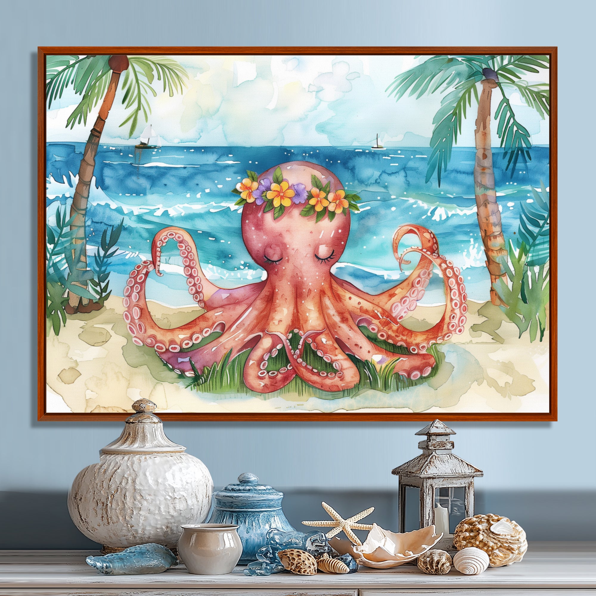 Octopus Meditating On The Beach In Hawaii - Octopus Framed Canvas Art