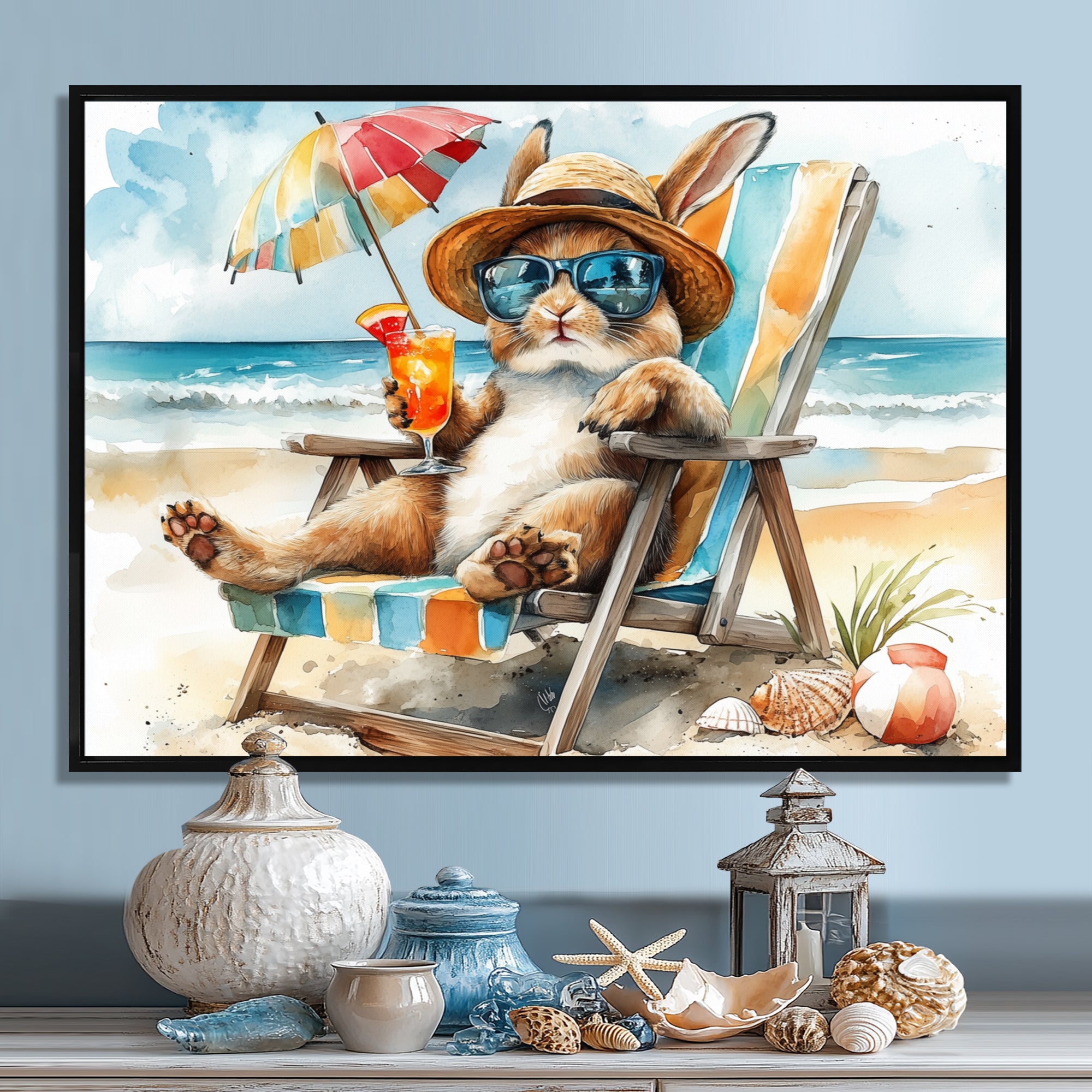 Bunny On The Beach Lounging Chair - Coastal Animal Home Decor Art
