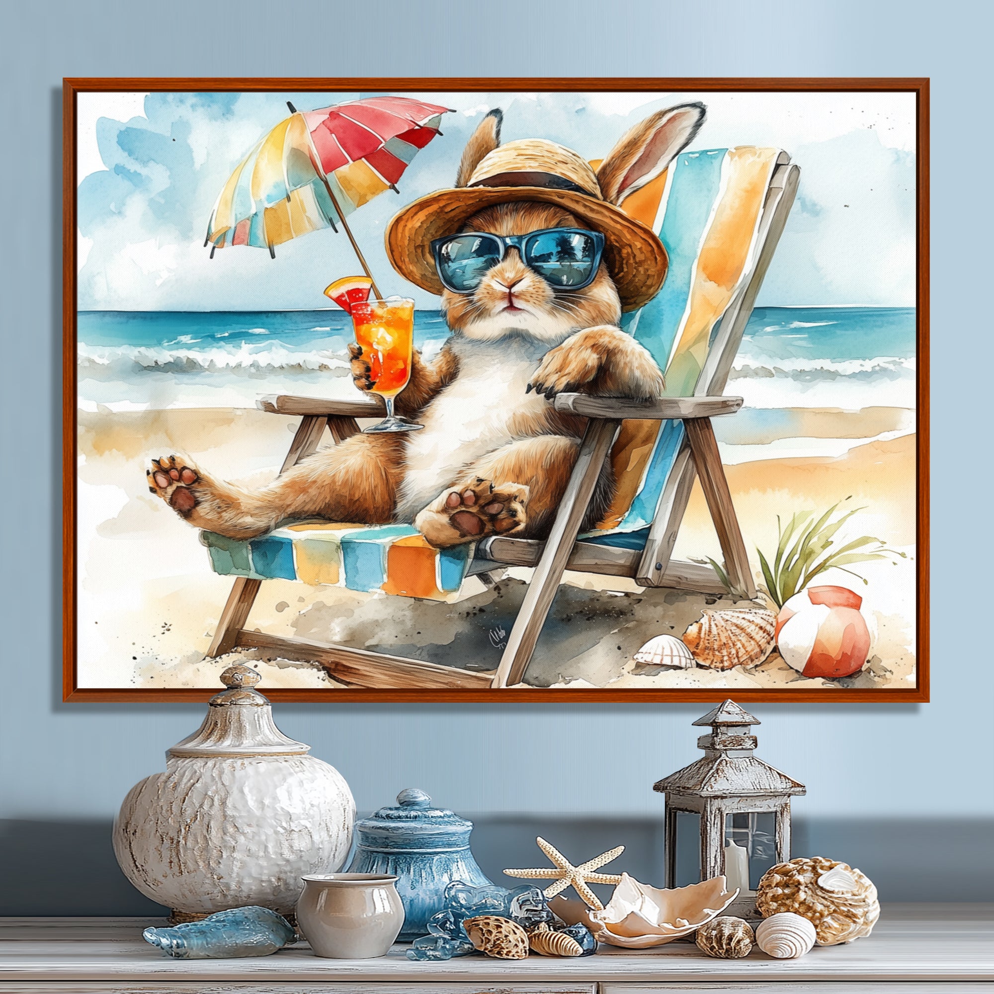 Bunny On The Beach Lounging Chair - Coastal Animal Home Decor Art