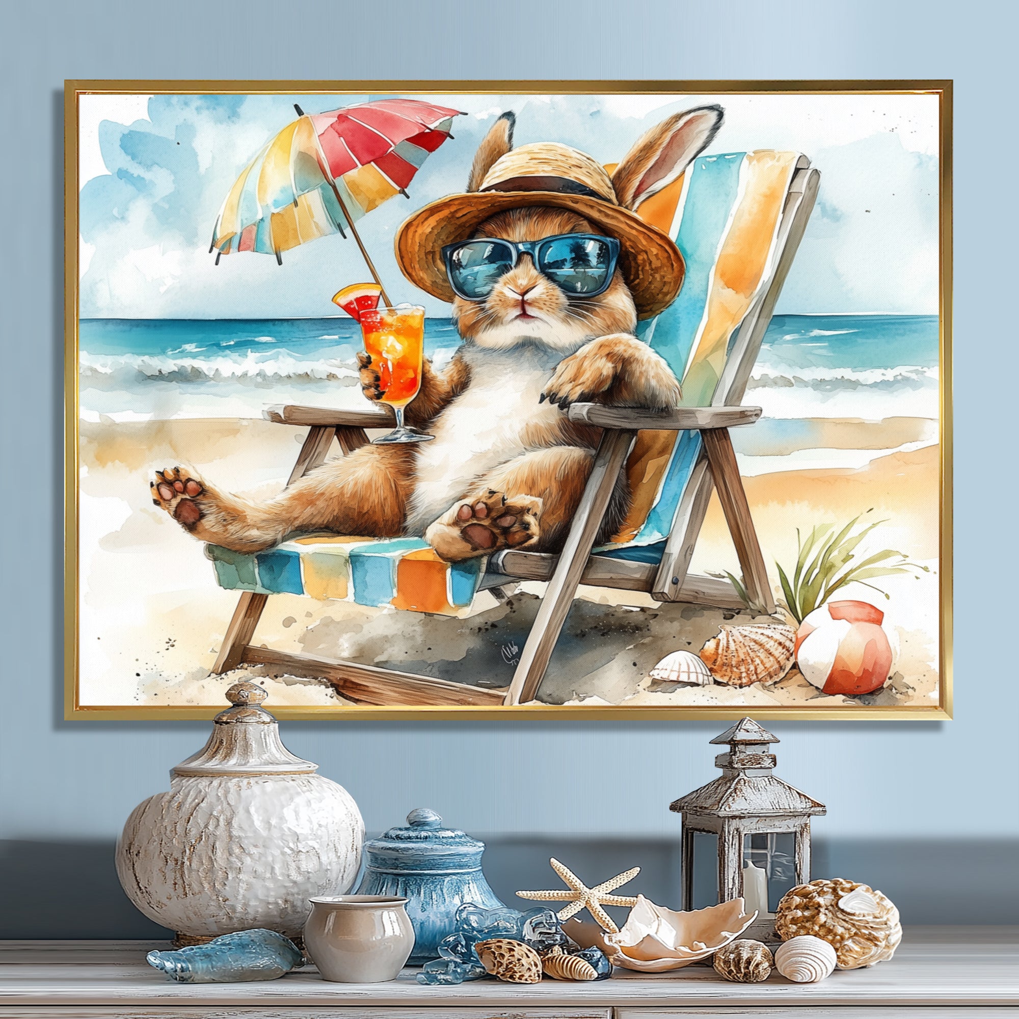 Bunny On The Beach Lounging Chair - Coastal Animal Home Decor Art