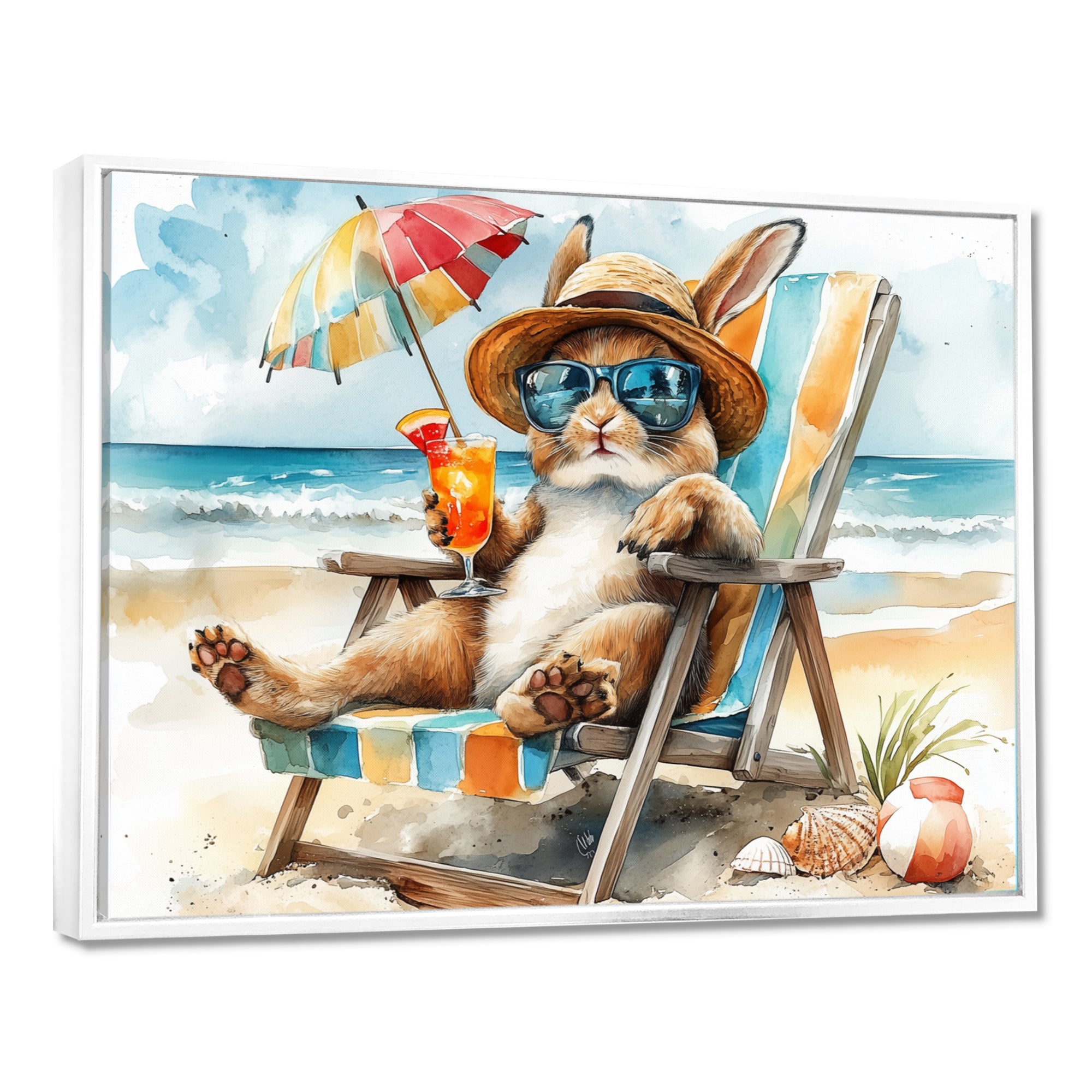 Bunny On The Beach Lounging Chair - Coastal Animal Home Decor Art