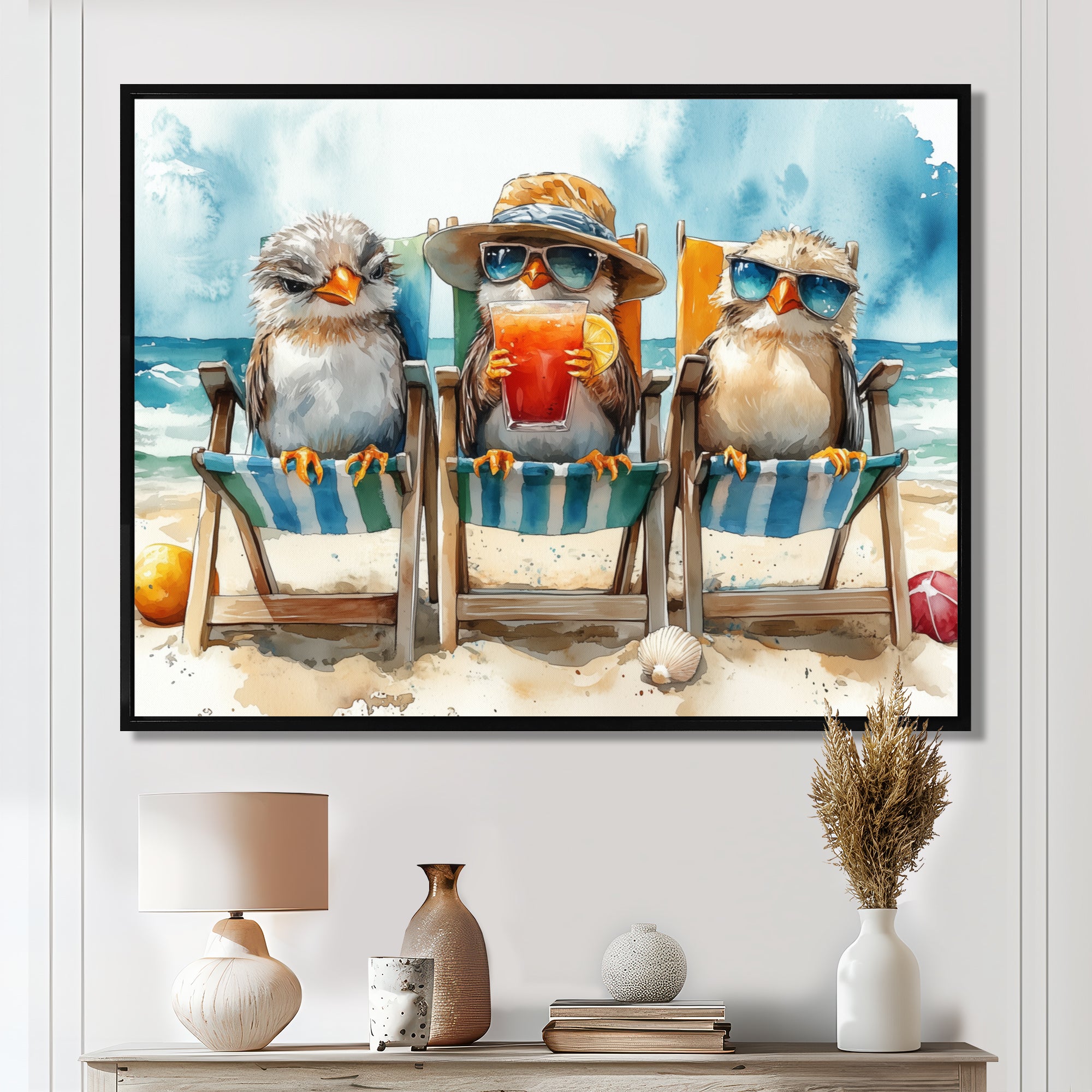 Canaries On The Beach Lounging Chair - Coastal Animal Living Room Wall Art