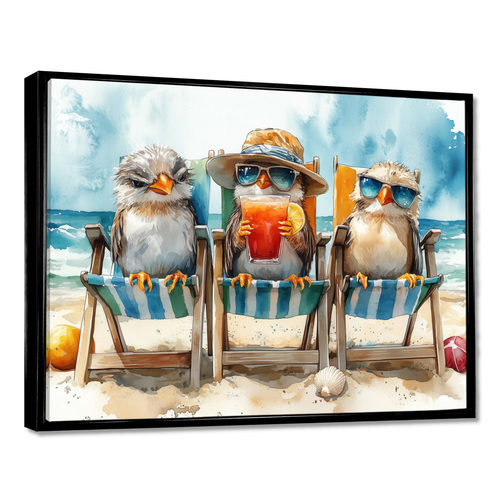 Canaries On The Beach Lounging Chair - Coastal Animal Living Room Wall Art