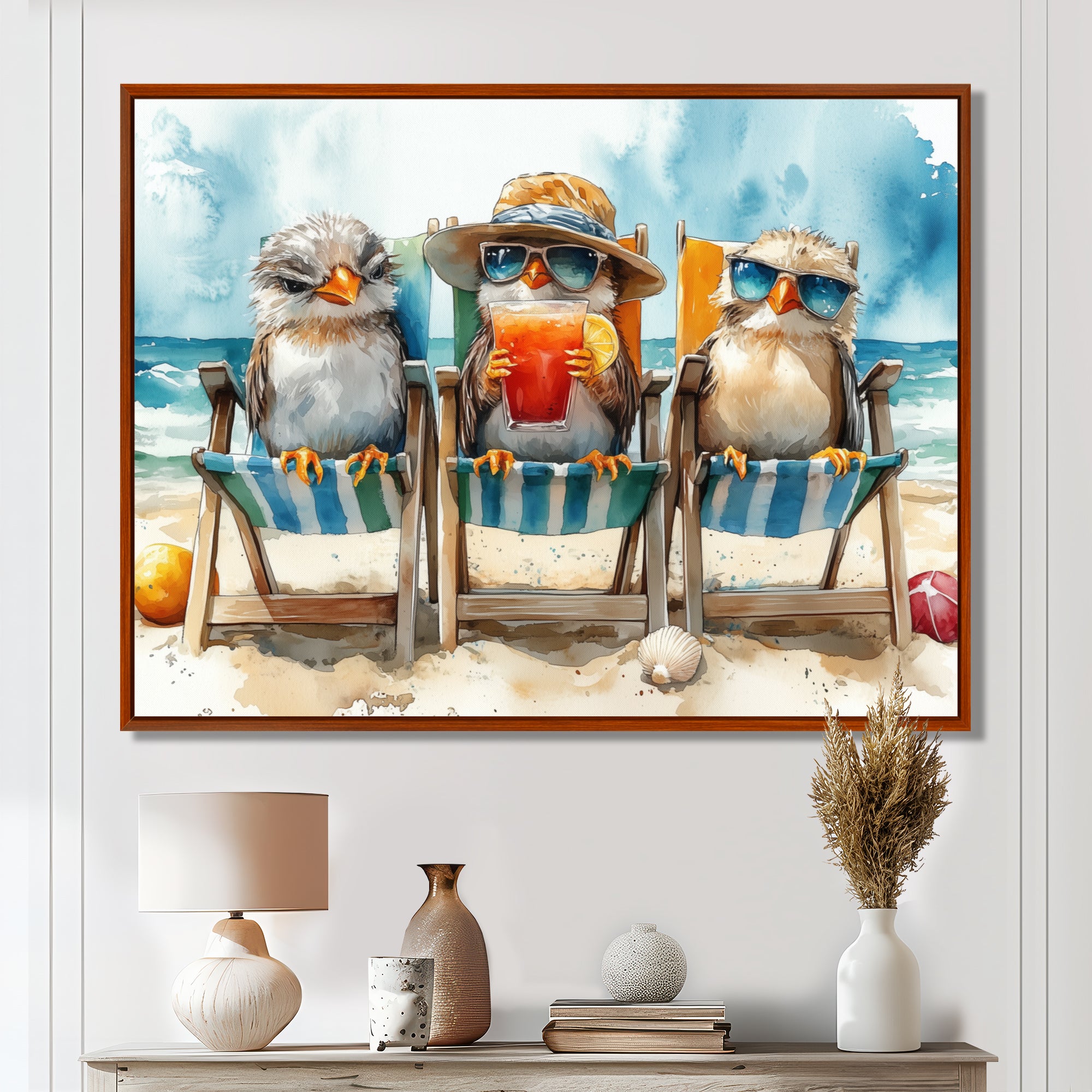 Canaries On The Beach Lounging Chair - Coastal Animal Living Room Wall Art