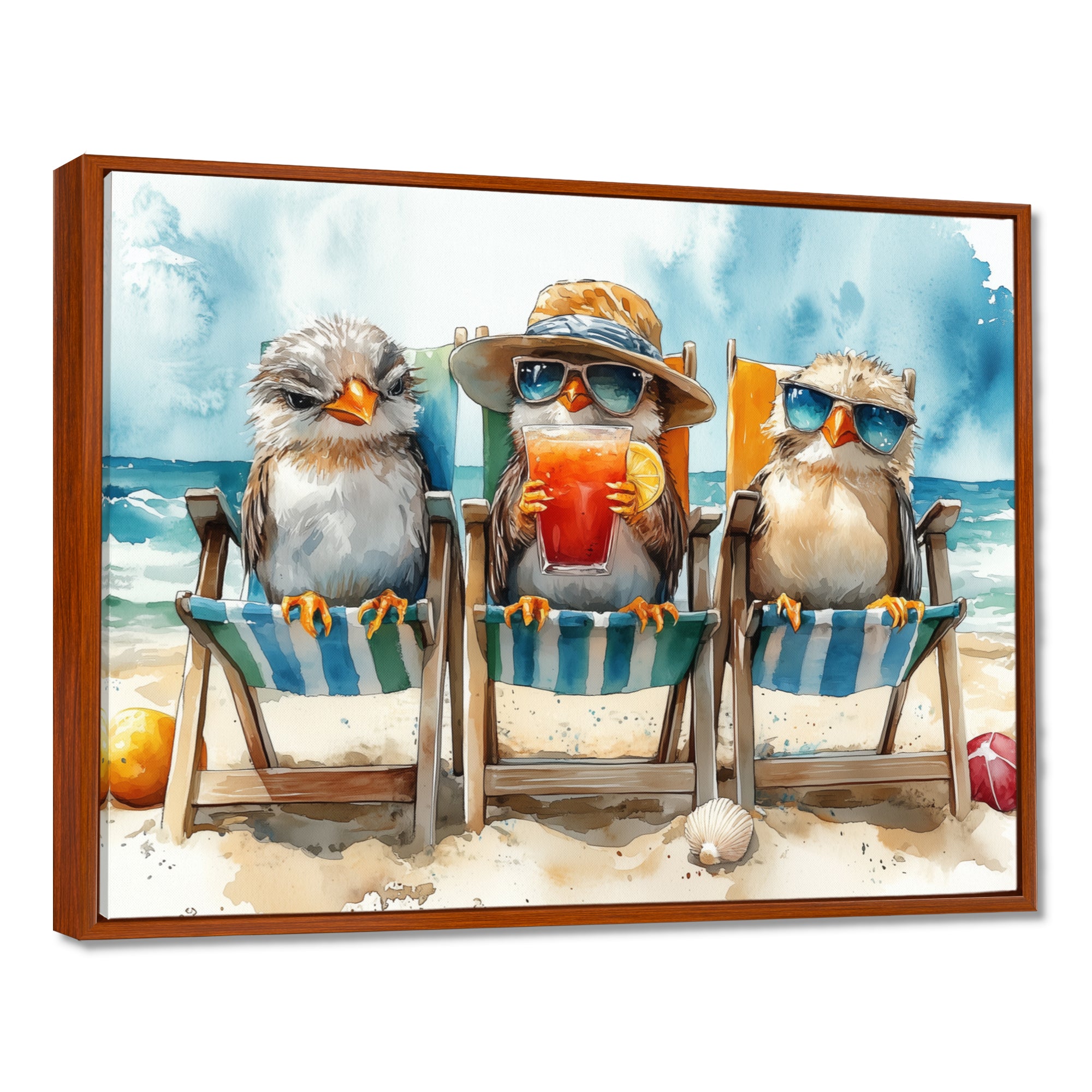 Canaries On The Beach Lounging Chair - Coastal Animal Living Room Wall Art