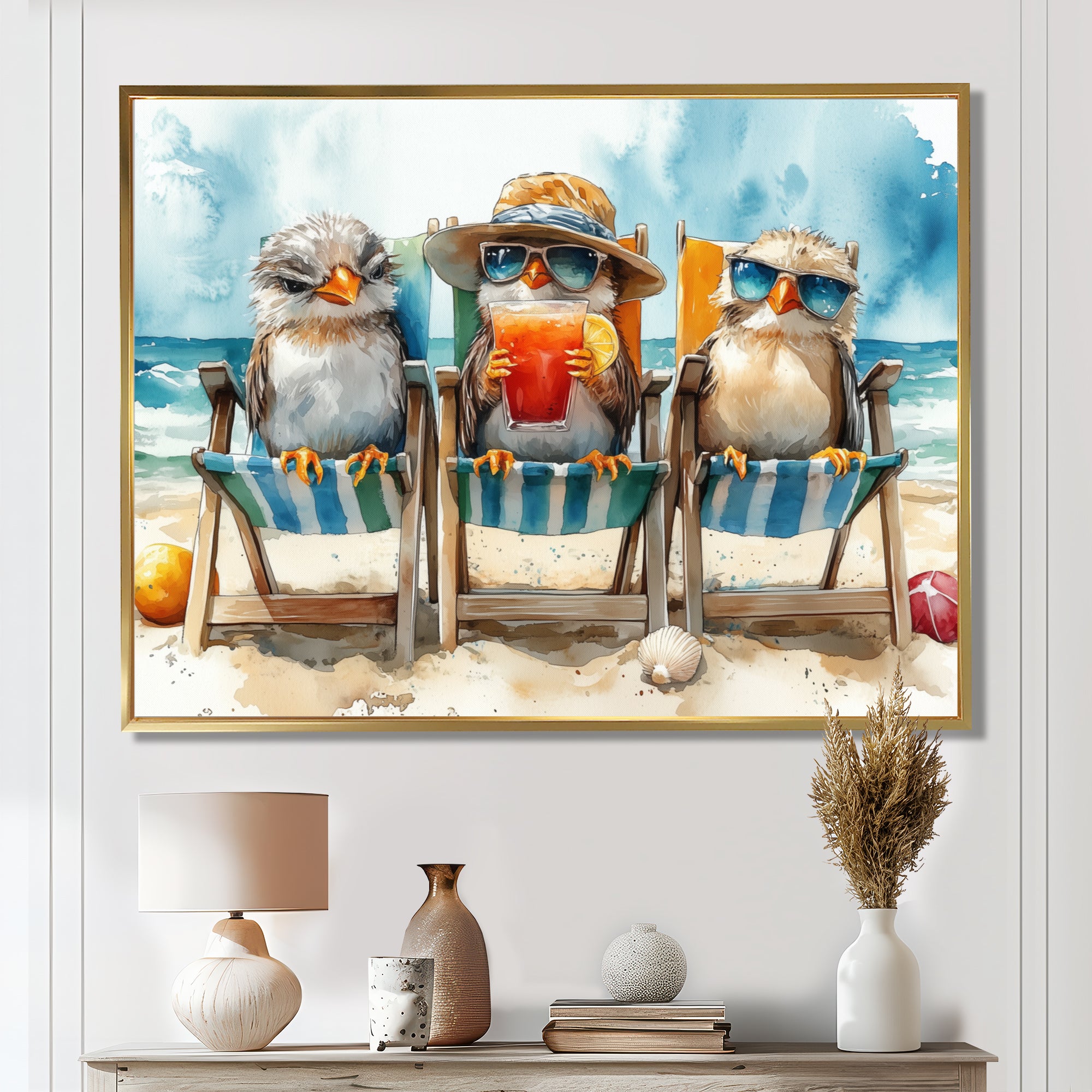 Canaries On The Beach Lounging Chair - Coastal Animal Living Room Wall Art