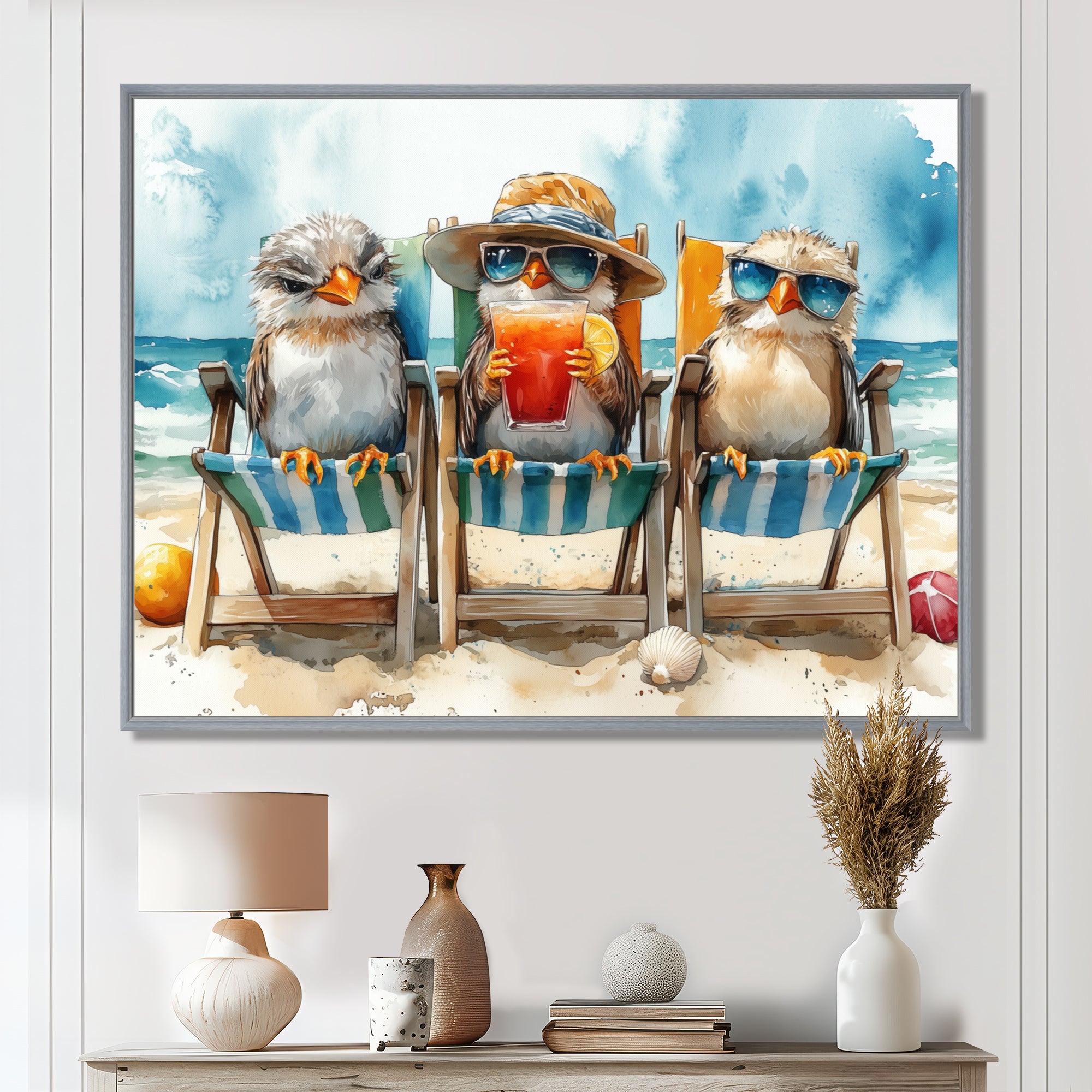 Canaries On The Beach Lounging Chair - Coastal Animal Living Room Wall Art