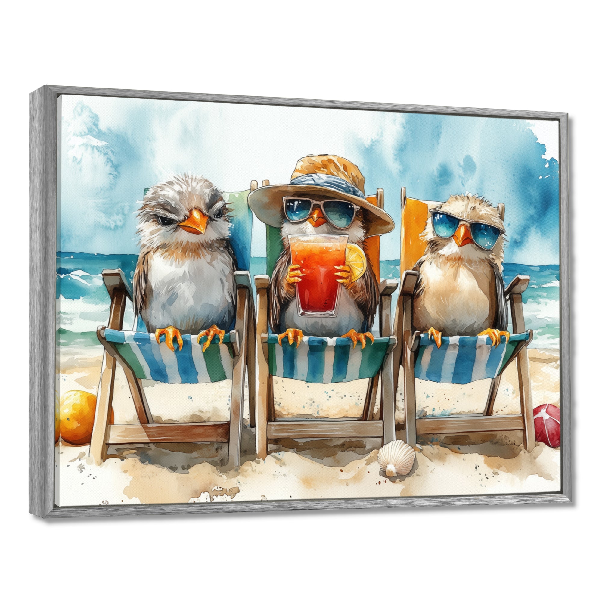 Canaries On The Beach Lounging Chair - Coastal Animal Living Room Wall Art