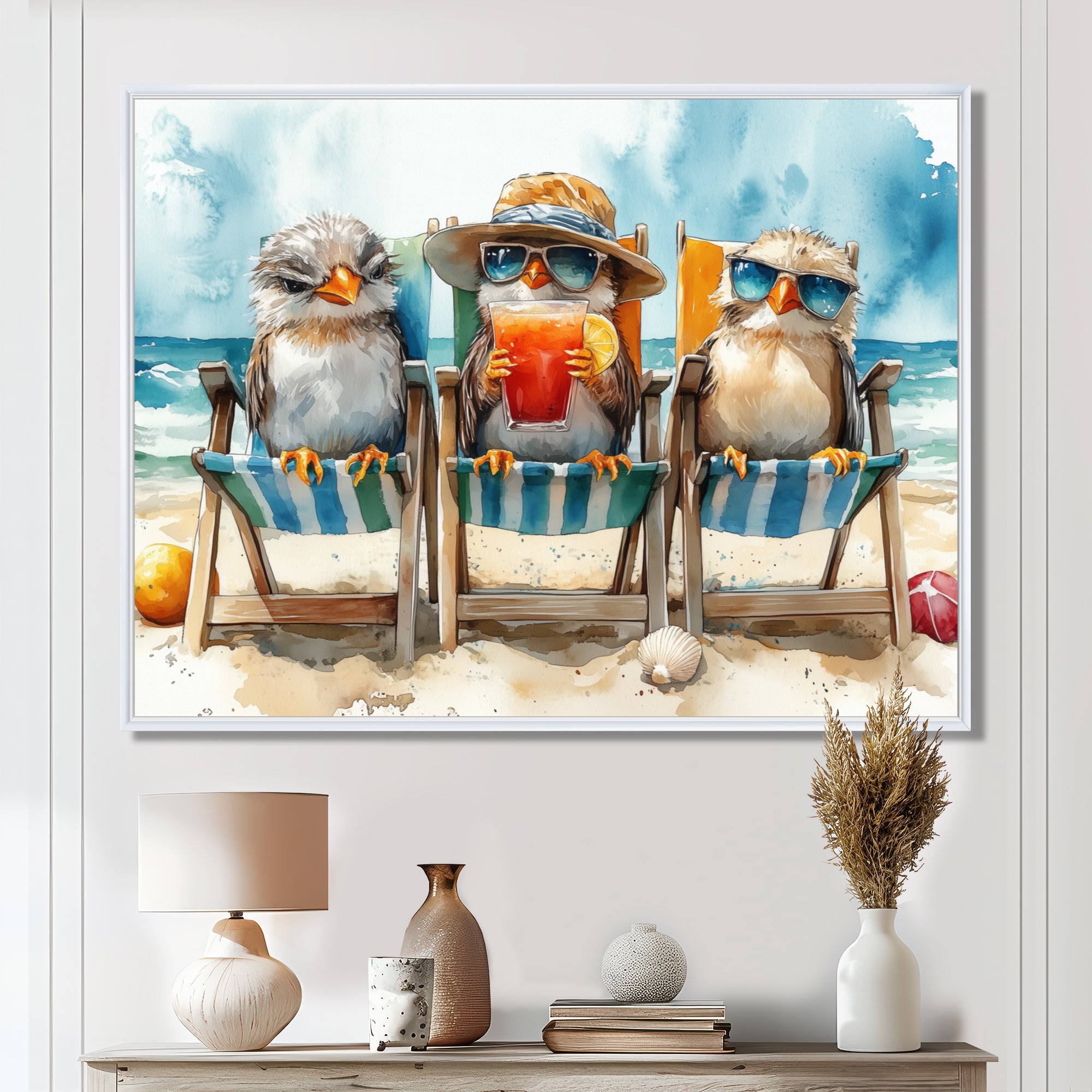 Canaries On The Beach Lounging Chair - Coastal Animal Living Room Wall Art
