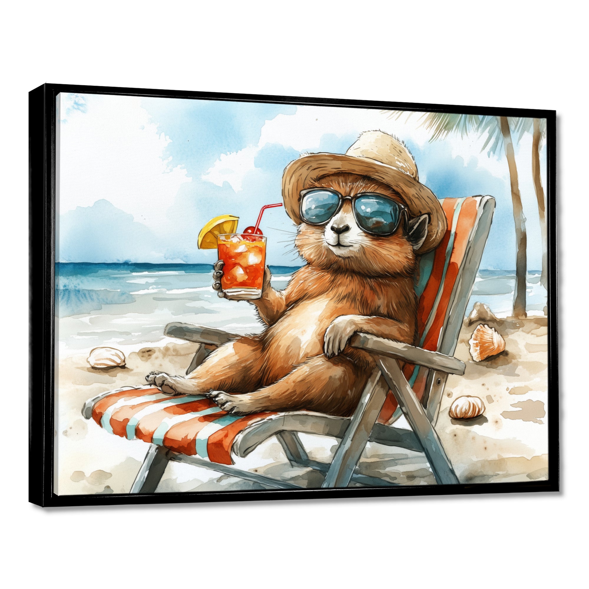 Chinchilla On The Beach Lounging - Coastal Animal Canvas Wall Art