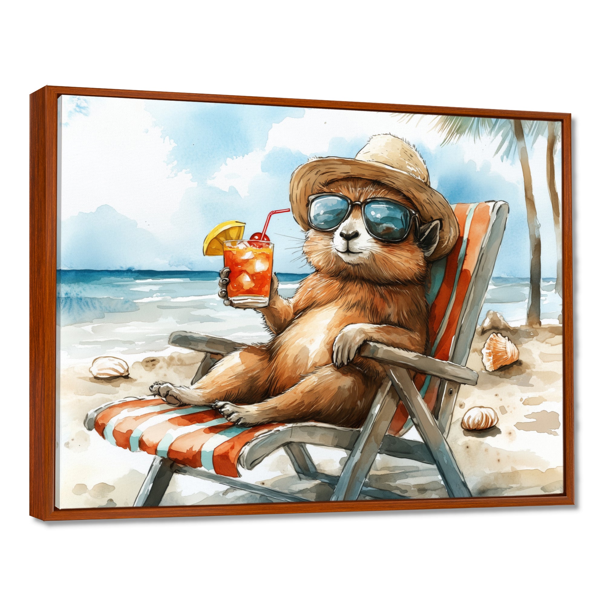 Chinchilla On The Beach Lounging - Coastal Animal Canvas Wall Art