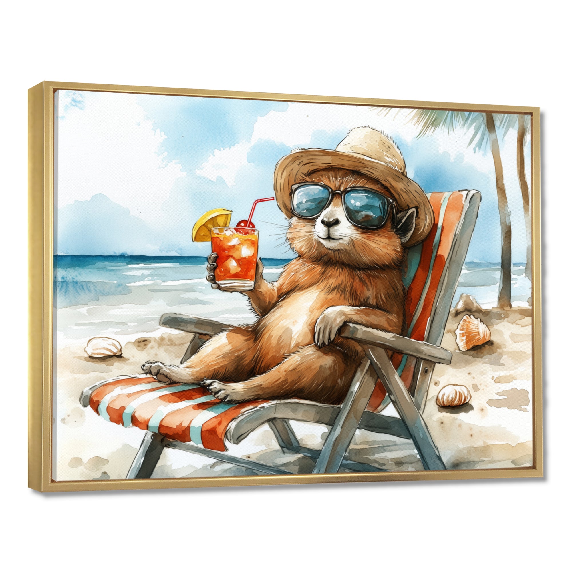 Chinchilla On The Beach Lounging - Coastal Animal Canvas Wall Art