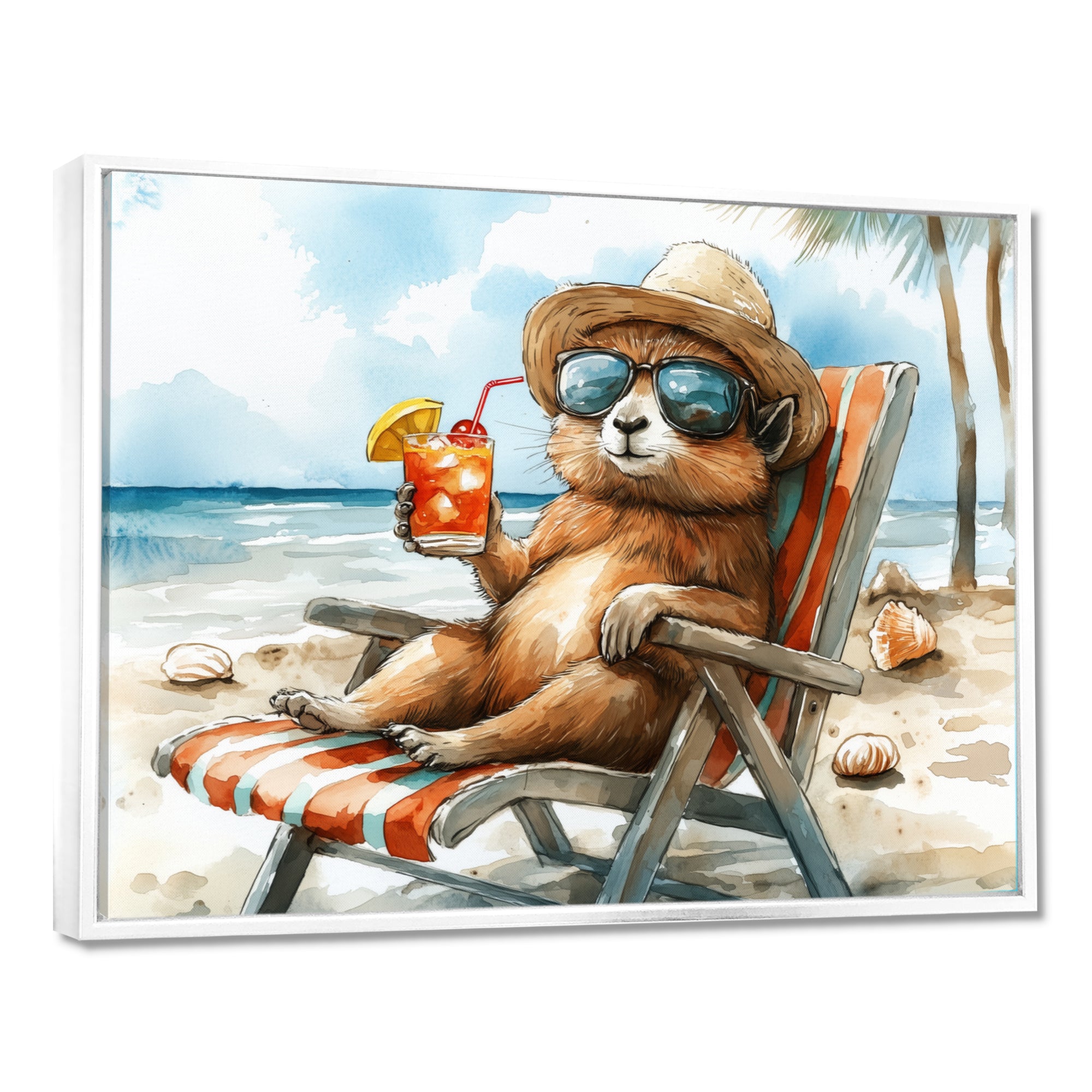 Chinchilla On The Beach Lounging - Coastal Animal Canvas Wall Art