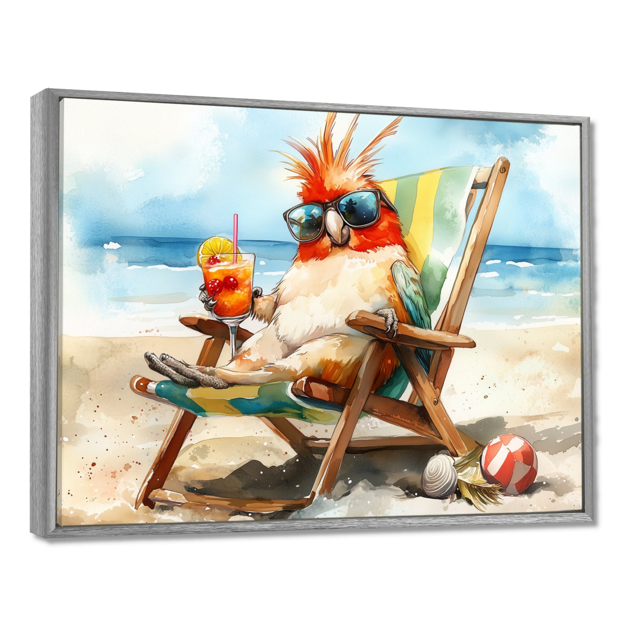 Cockatiel On The Beach Lounging - Coastal Animal Canvas Wall Art
