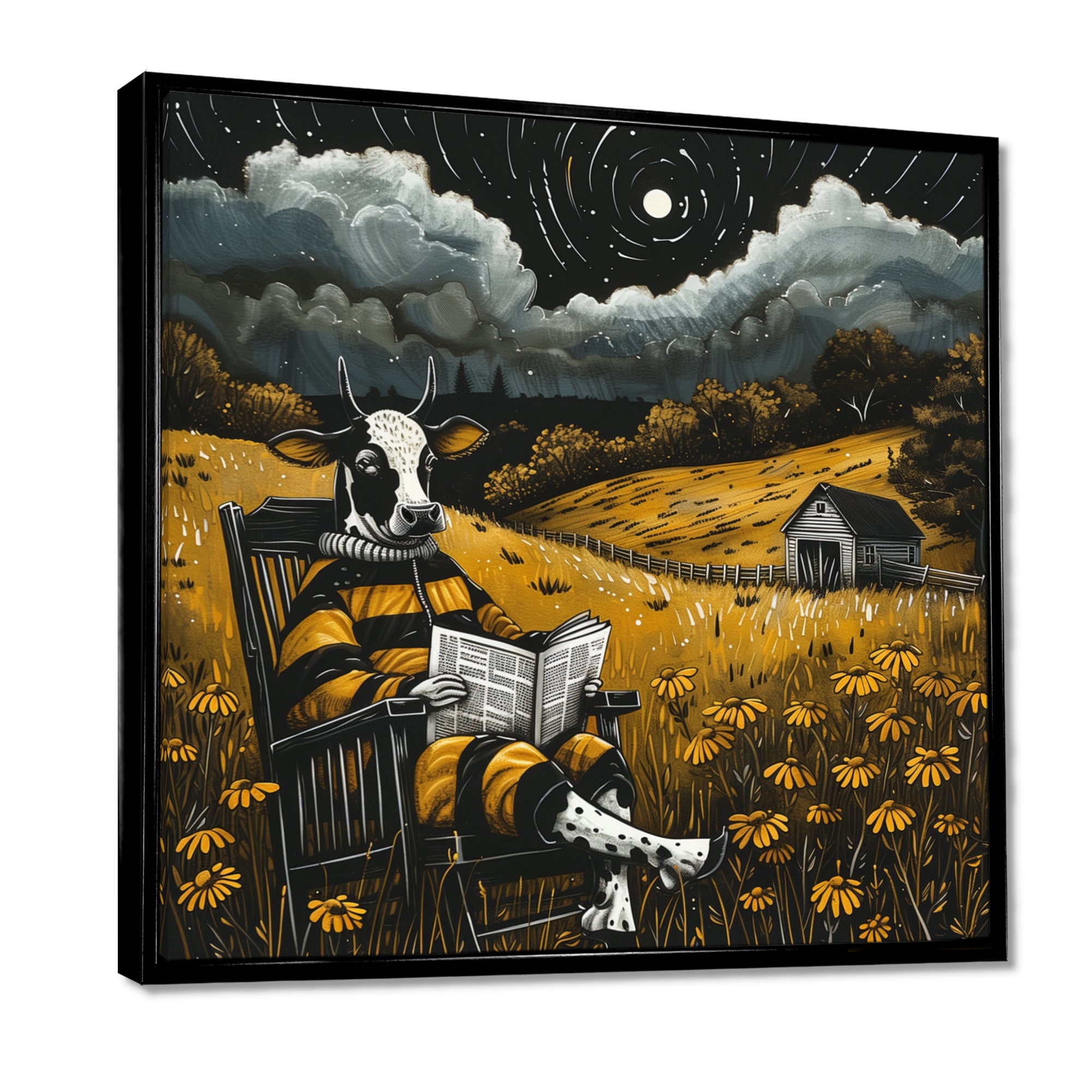 Cow Reading In The Meadow On A Rocking Chair - Cow Wall Decor