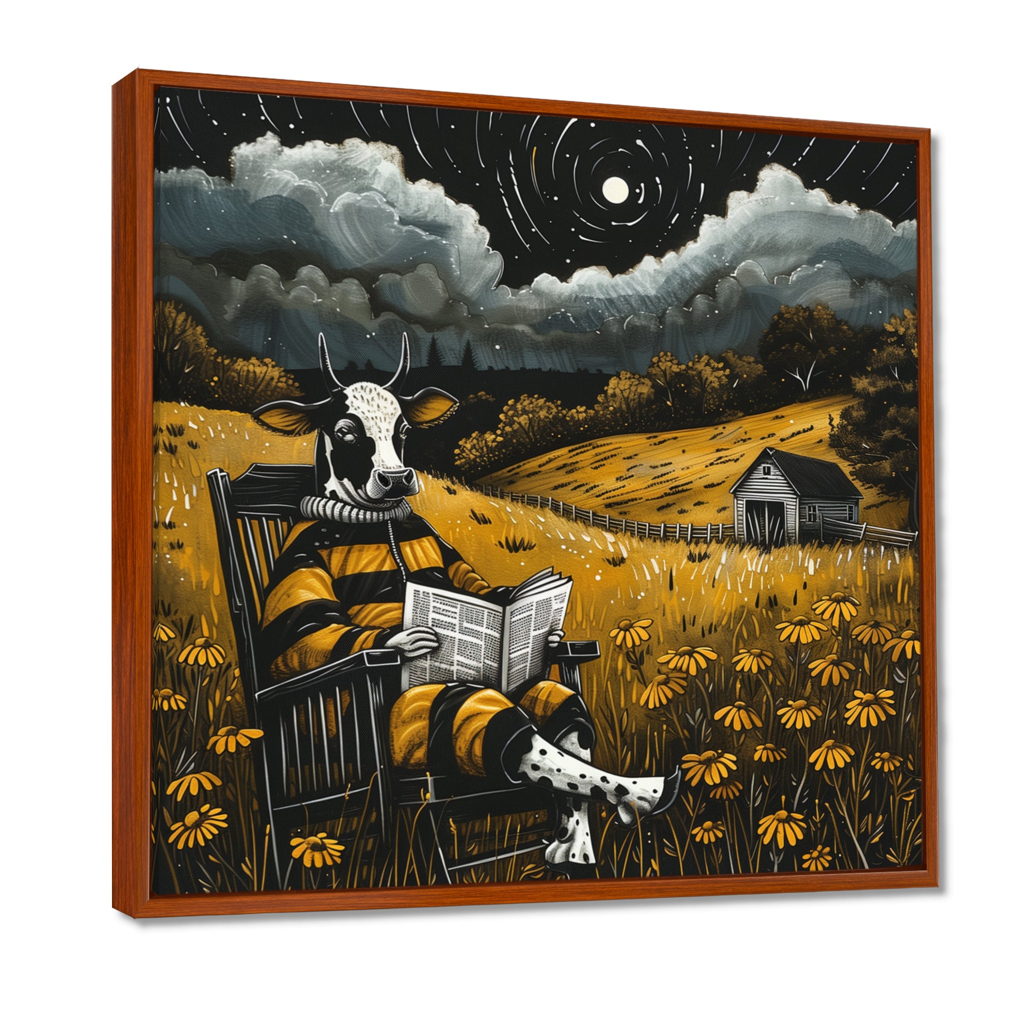 Cow Reading In The Meadow On A Rocking Chair - Cow Wall Decor