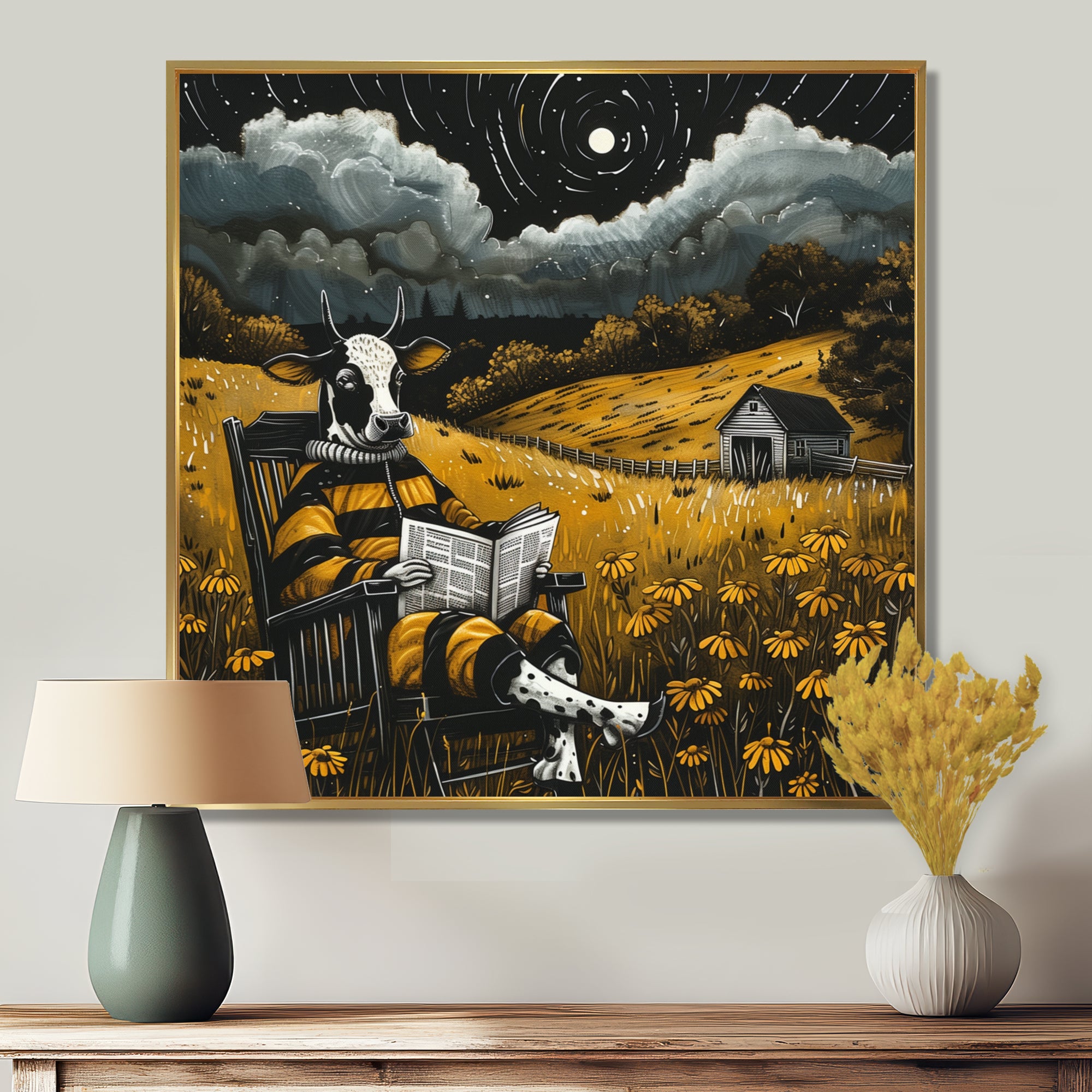 Cow Reading In The Meadow On A Rocking Chair - Cow Wall Decor