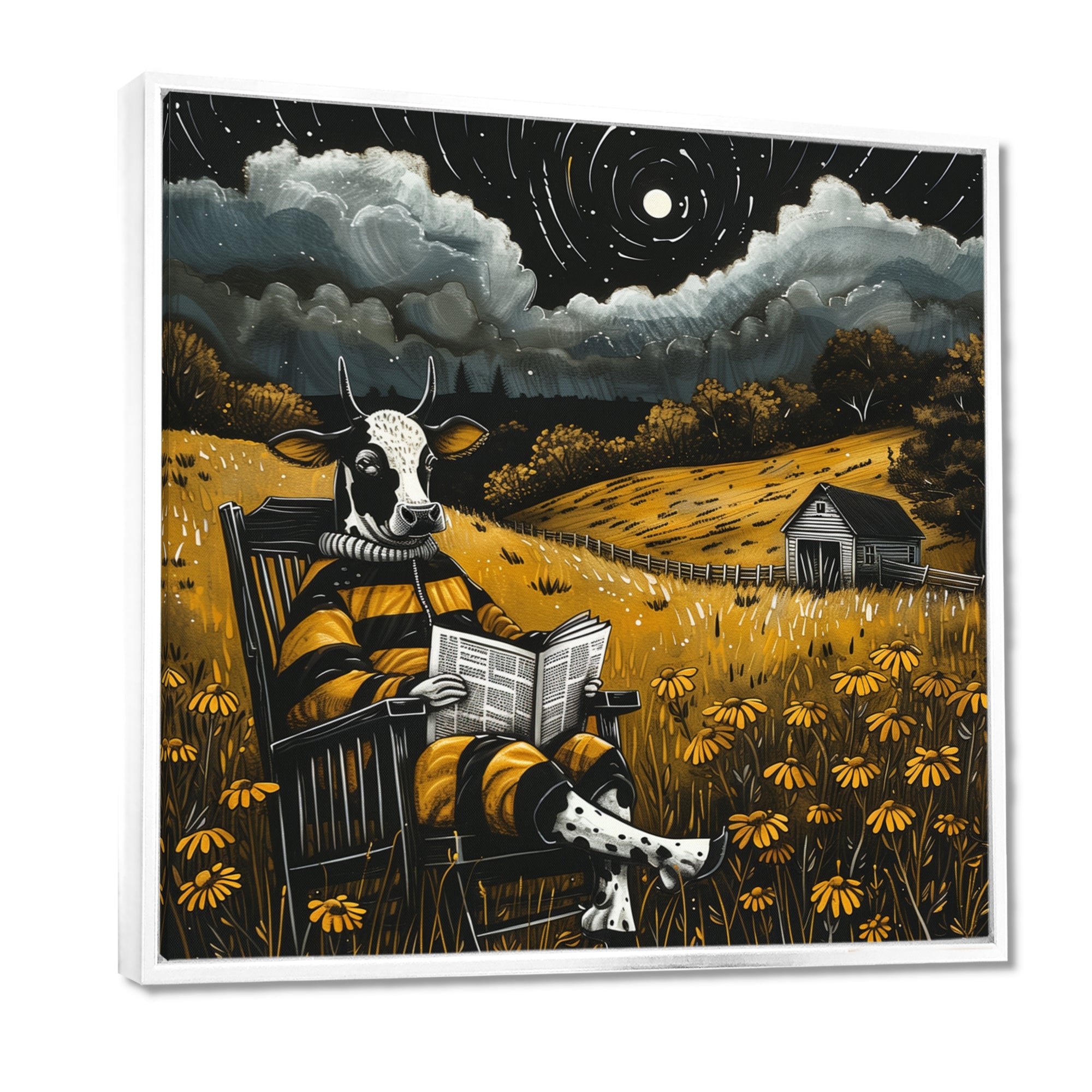 Cow Reading In The Meadow On A Rocking Chair - Cow Wall Decor