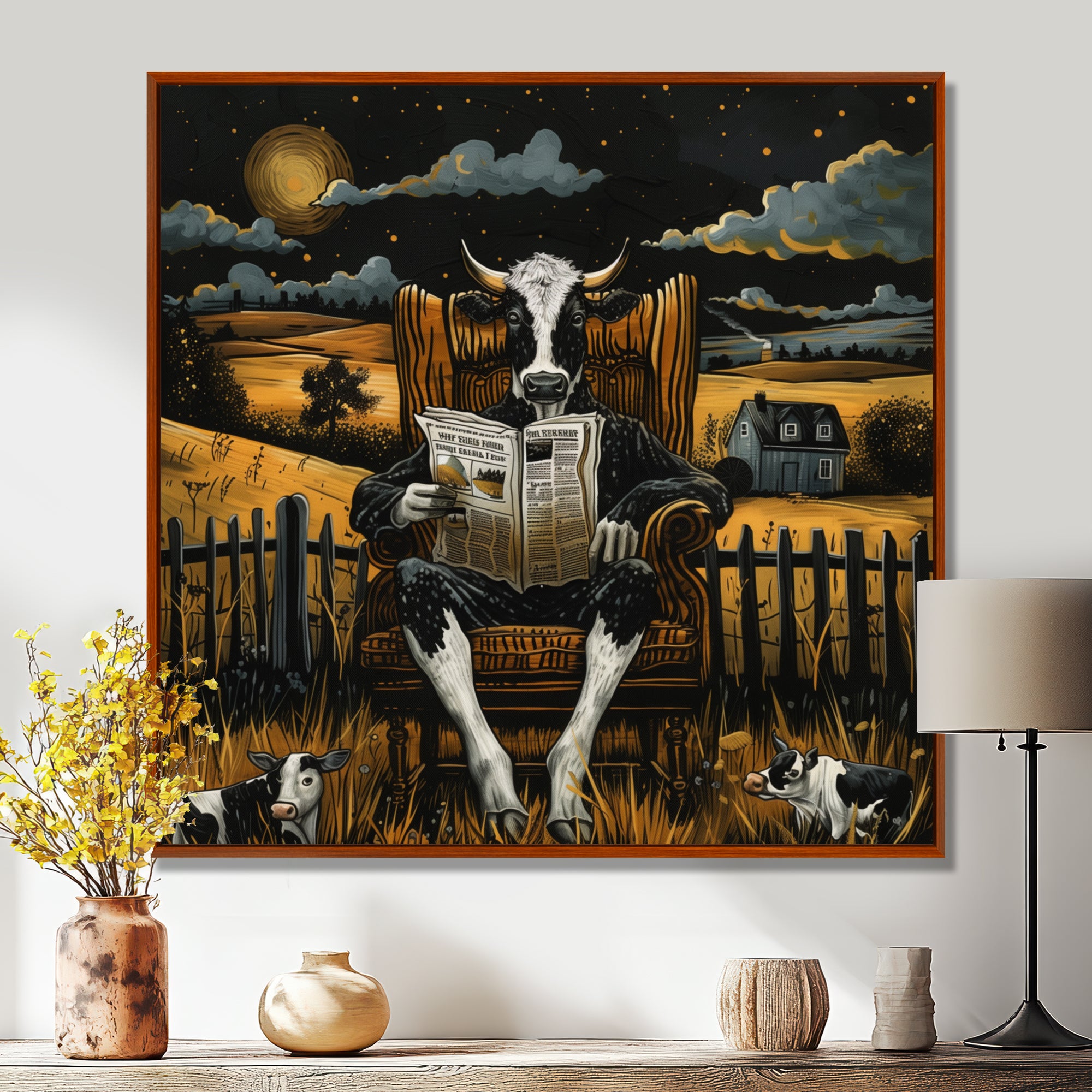 Cow Reading In The Meadow On A Chair - Cow Wall Art Prints