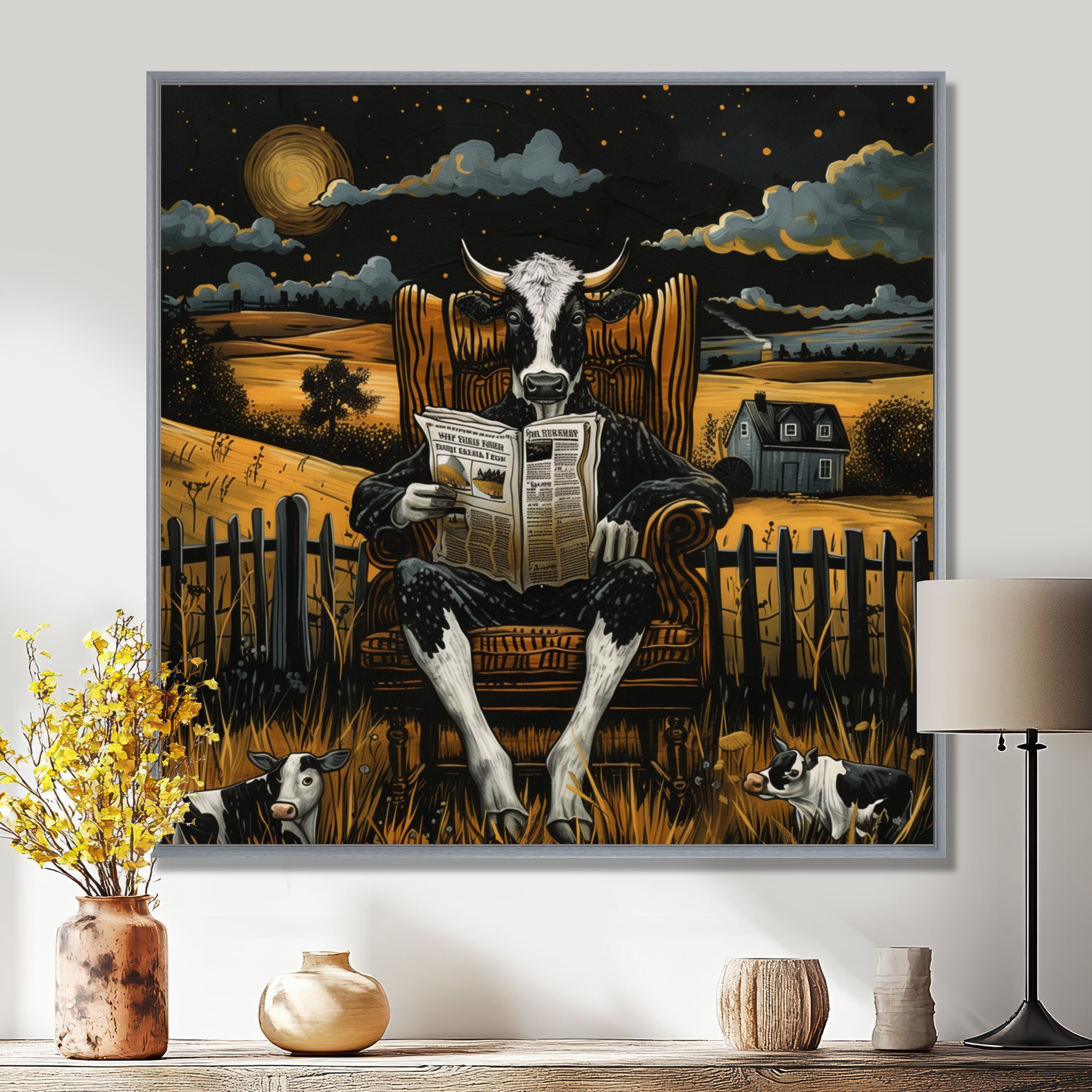 Cow Reading In The Meadow On A Chair - Cow Wall Art Prints
