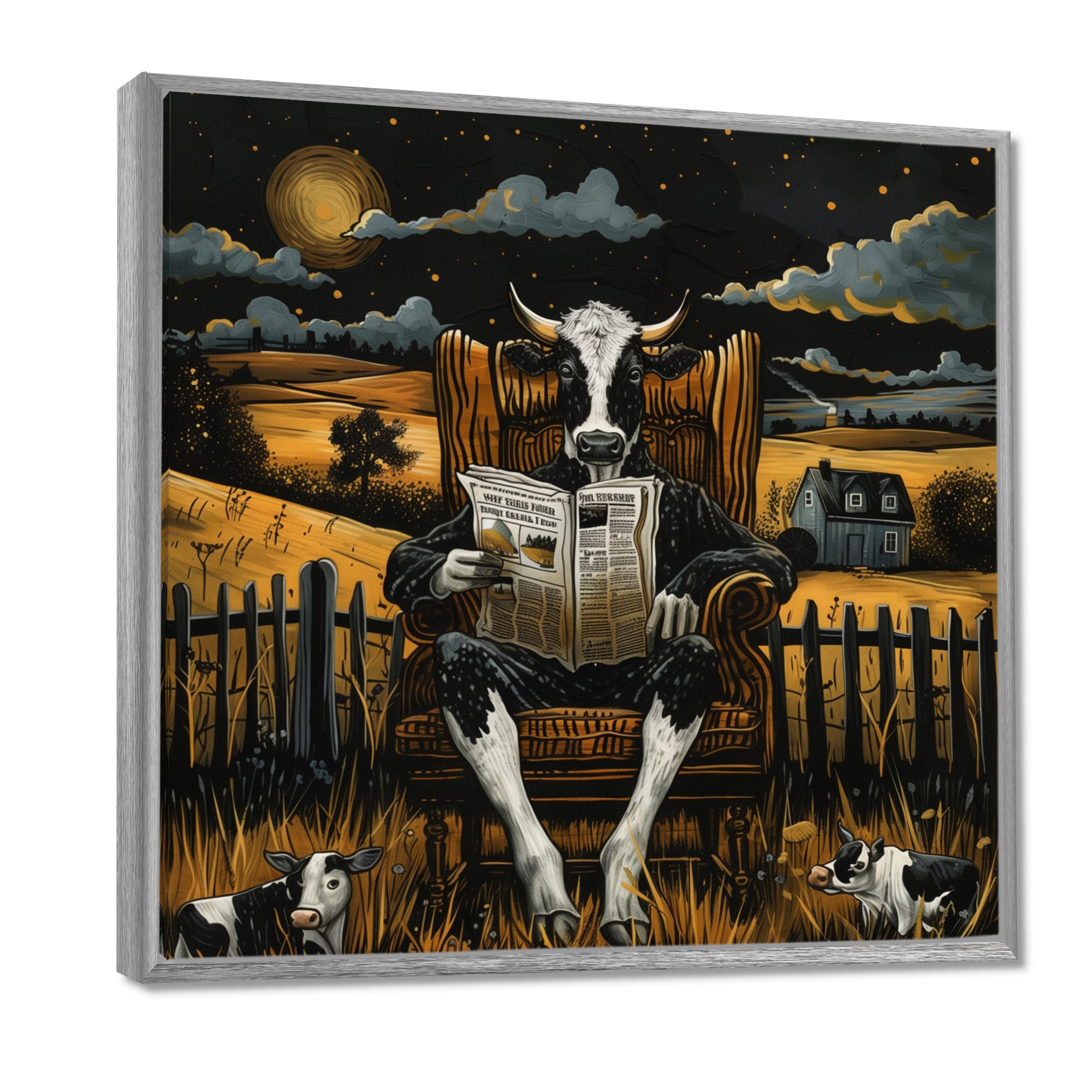Cow Reading In The Meadow On A Chair - Cow Wall Art Prints