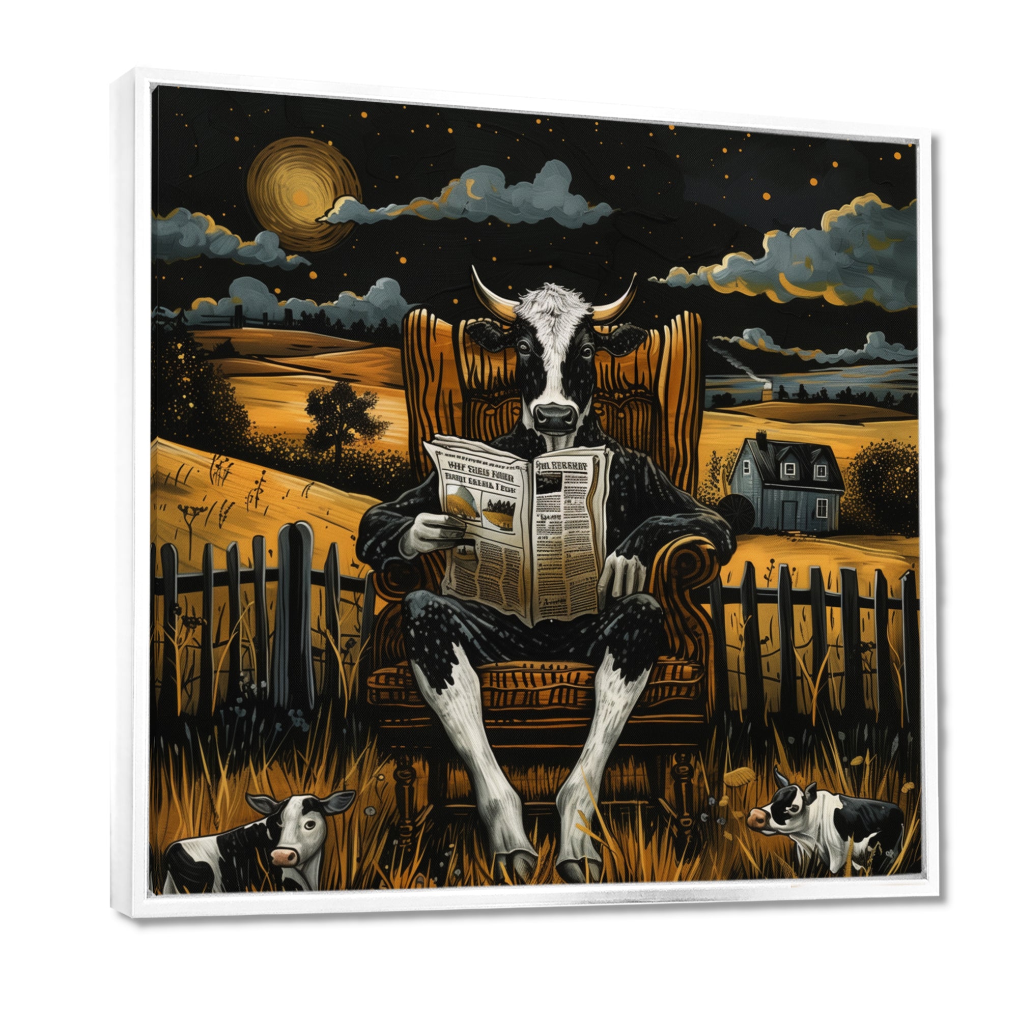 Cow Reading In The Meadow On A Chair - Cow Wall Art Prints