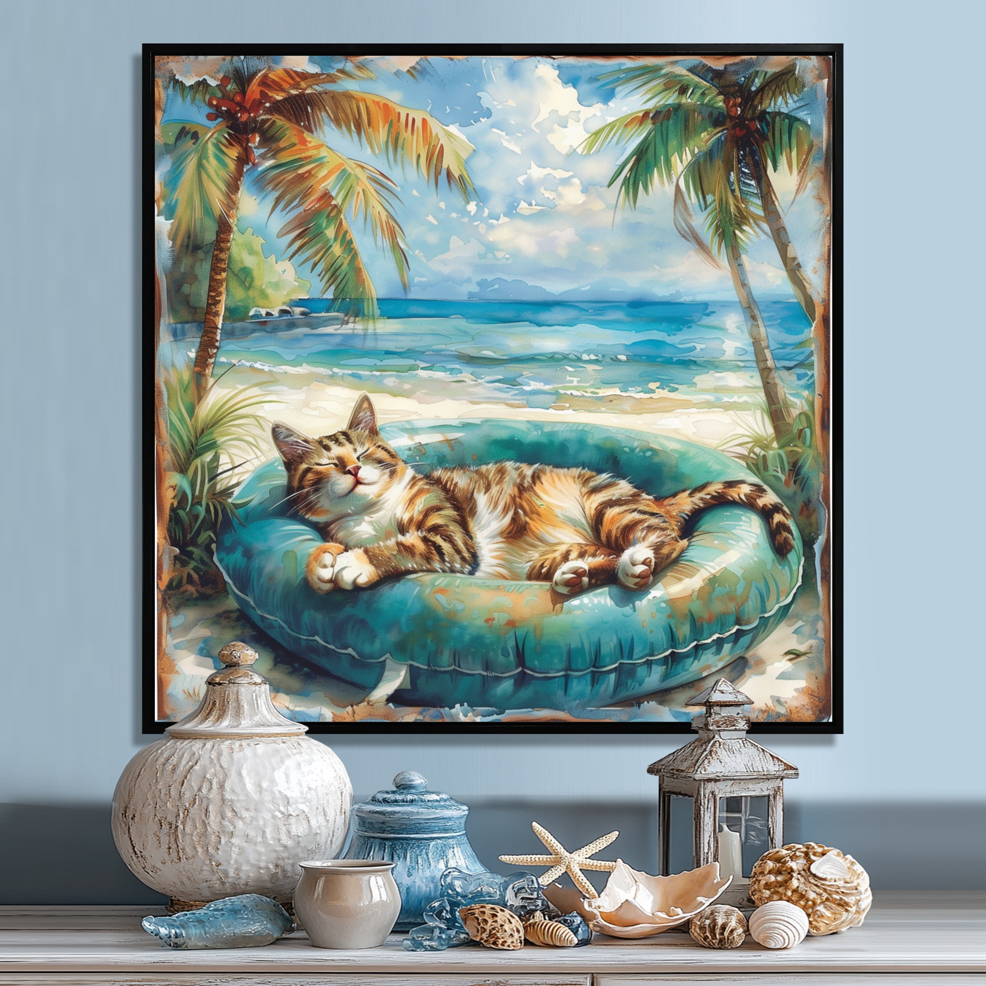 Felines Coastal Cat Nap Oasis - Blue Coastal Animal Wall Art