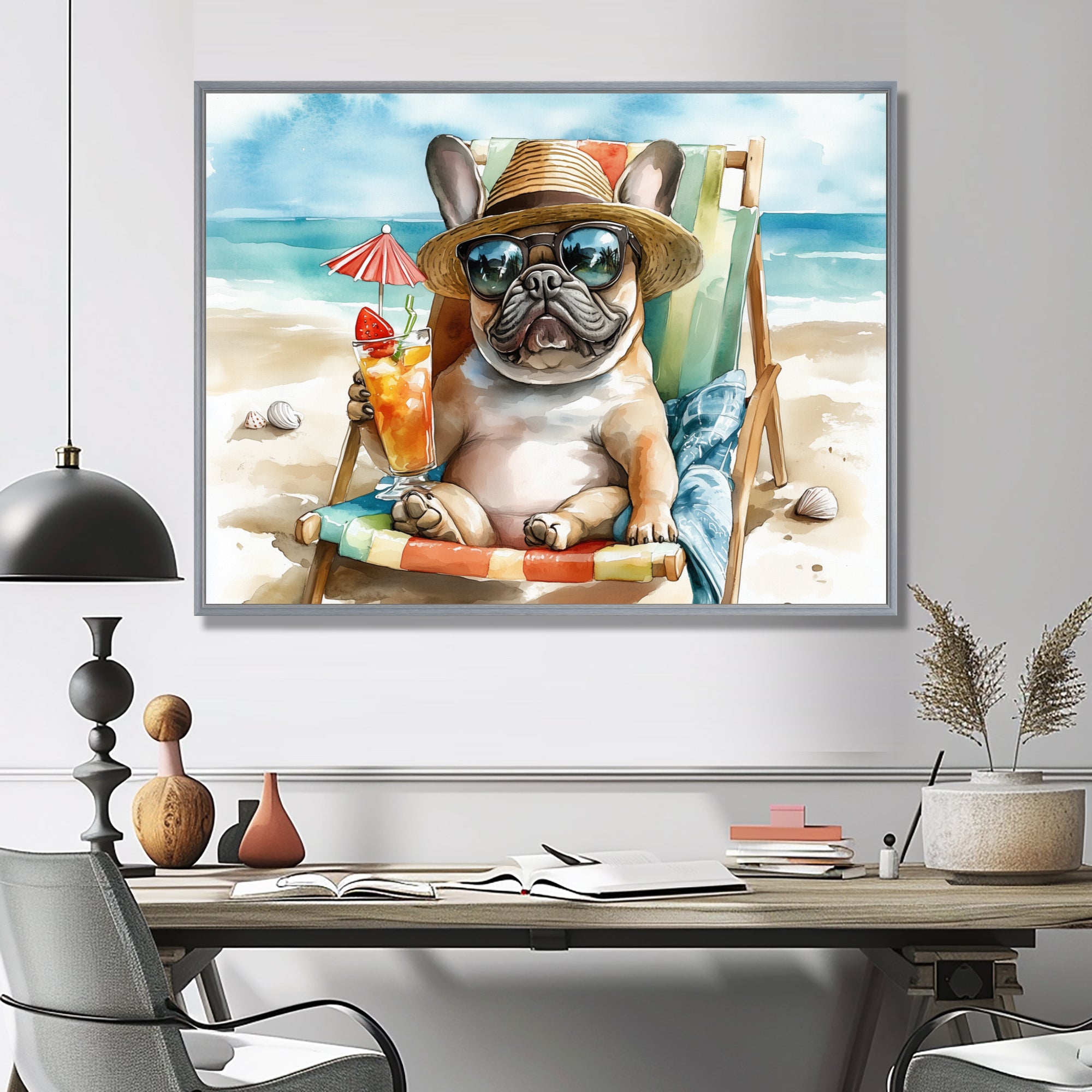 French Bulldog On The Beach Lounging - Brown Coastal Animal Wall Art