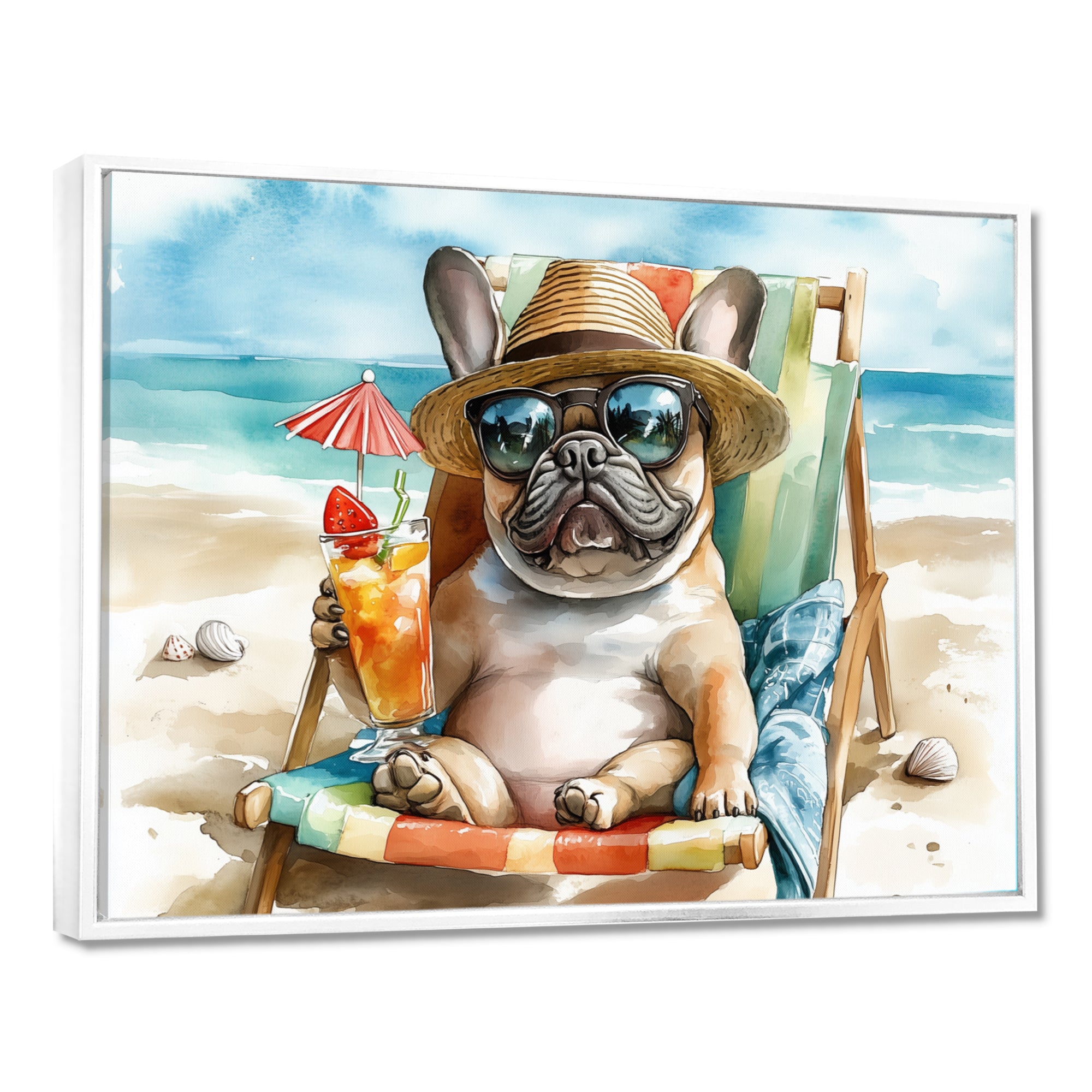 French Bulldog On The Beach Lounging - Brown Coastal Animal Wall Art