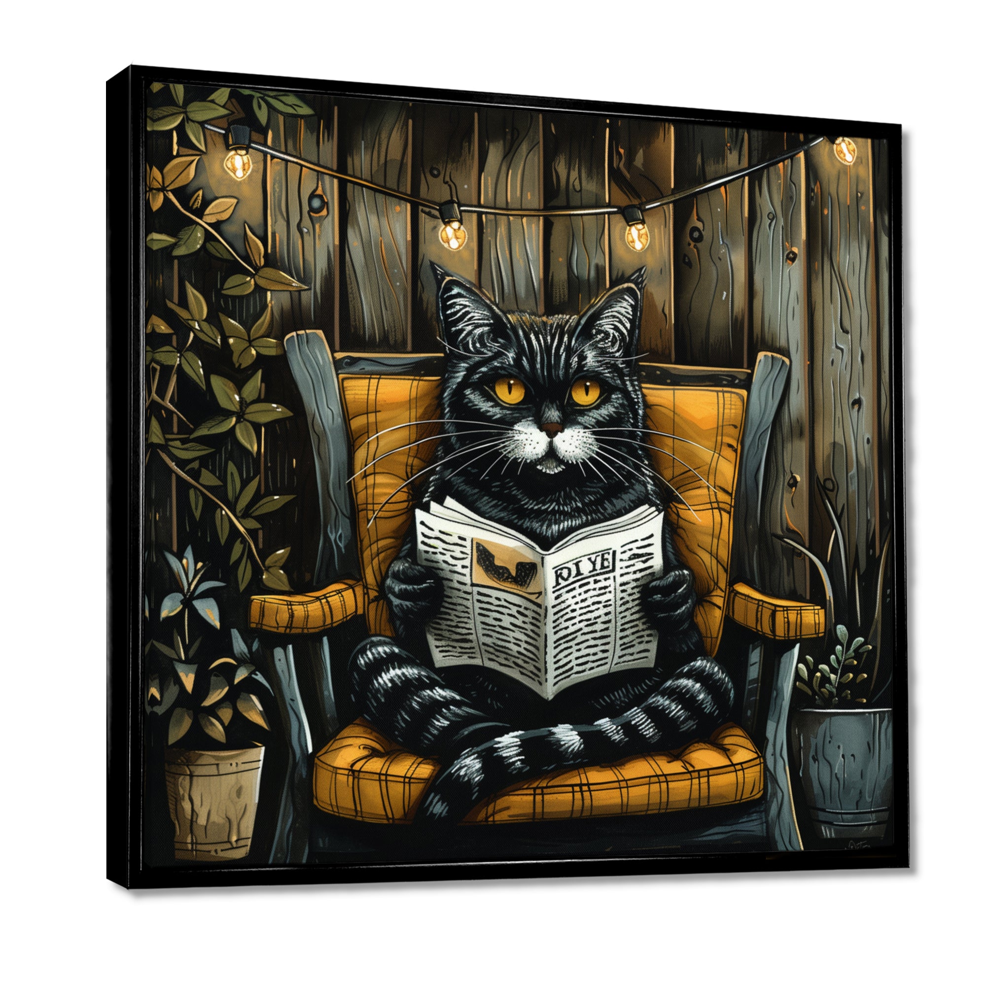 Gothic Cat Reading Newspaper On A Chair - Cat Large Canvas Wall Art