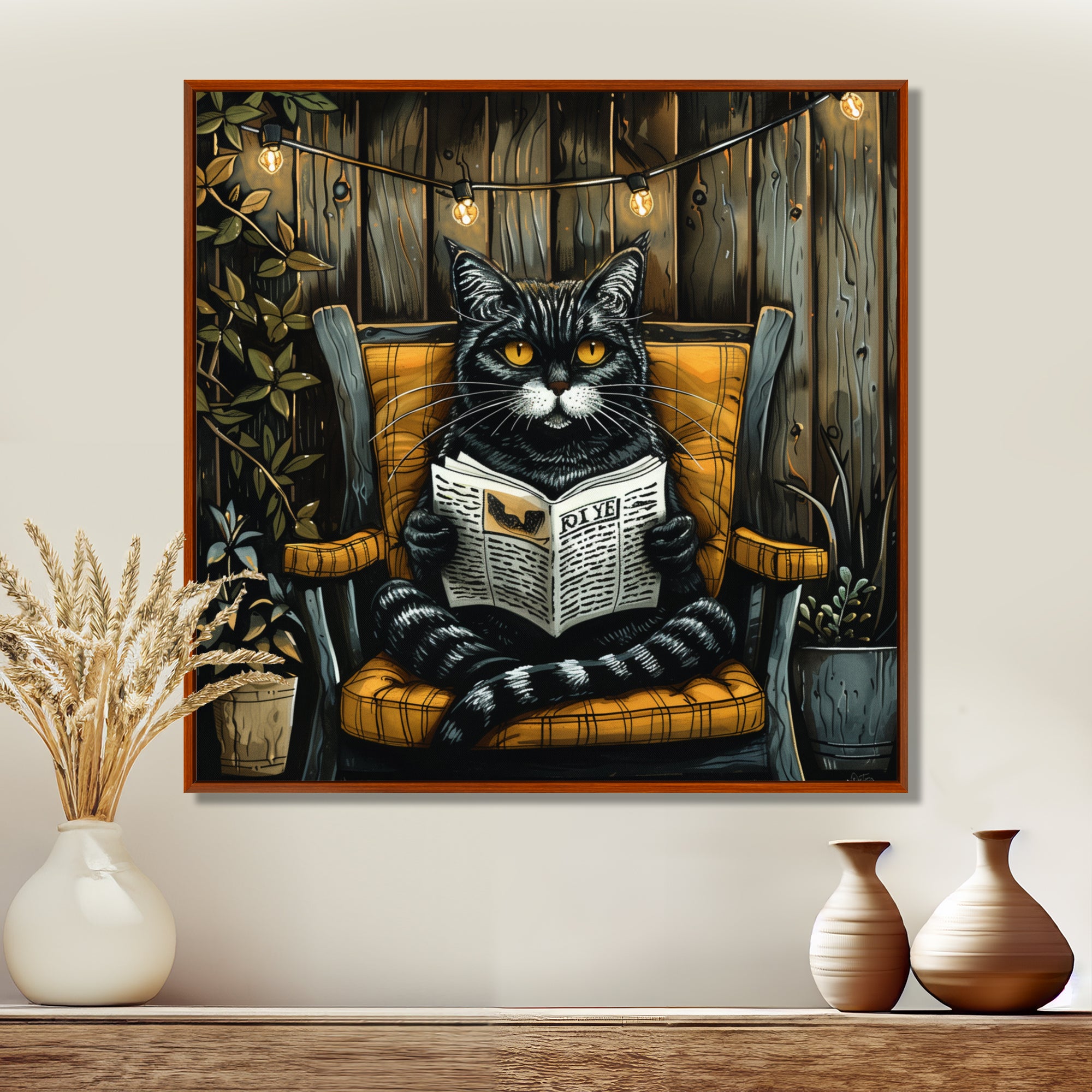 Gothic Cat Reading Newspaper On A Chair - Cat Large Canvas Wall Art
