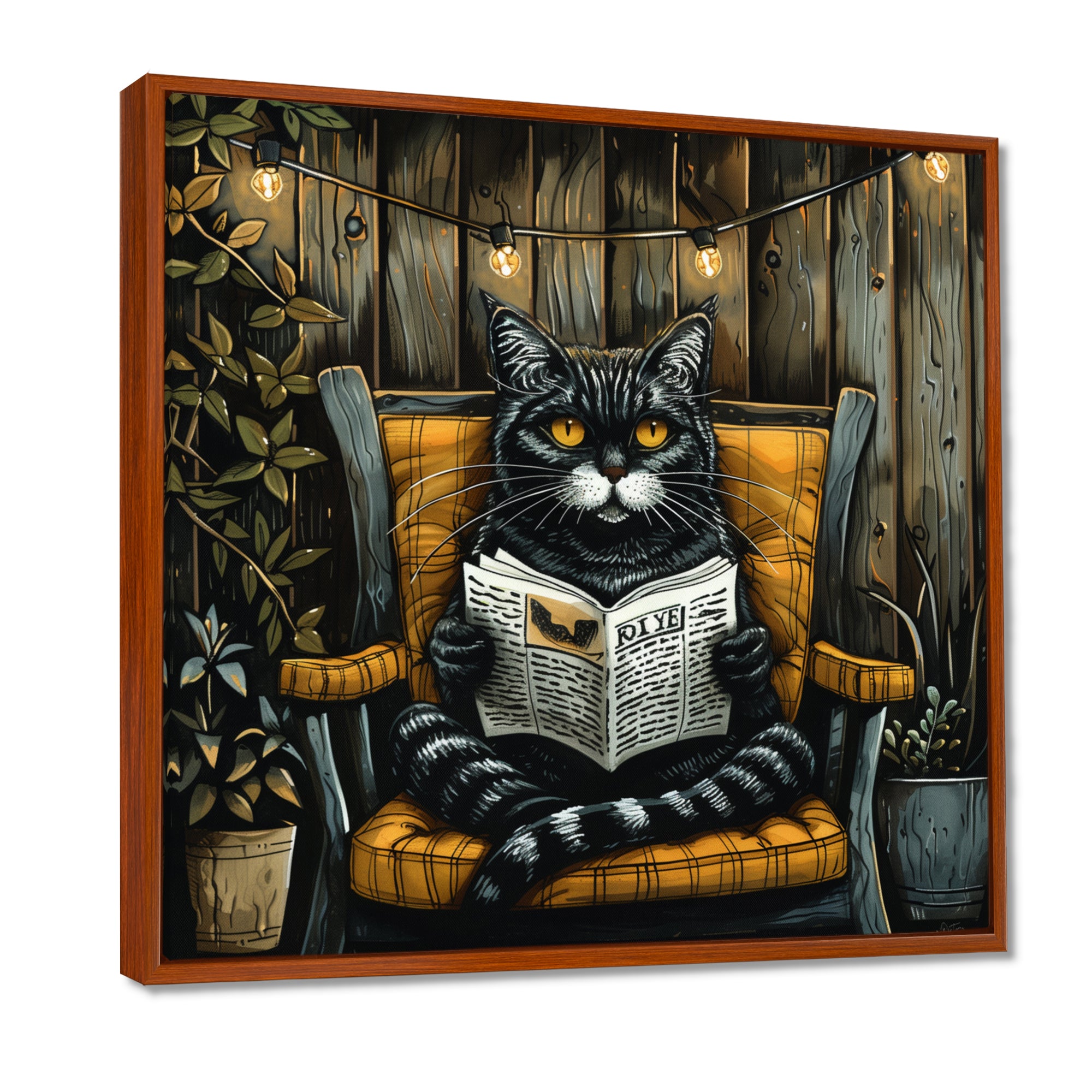 Gothic Cat Reading Newspaper On A Chair - Cat Large Canvas Wall Art