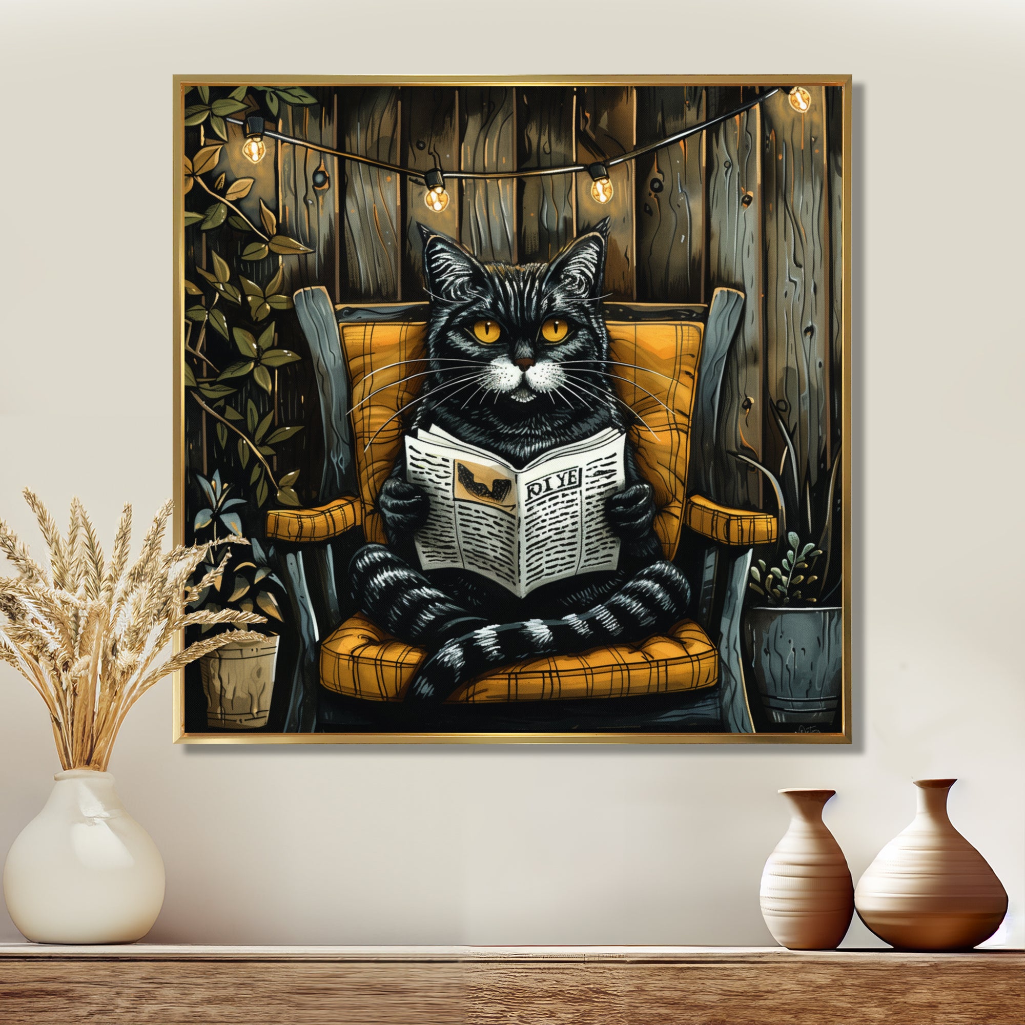 Gothic Cat Reading Newspaper On A Chair - Cat Large Canvas Wall Art